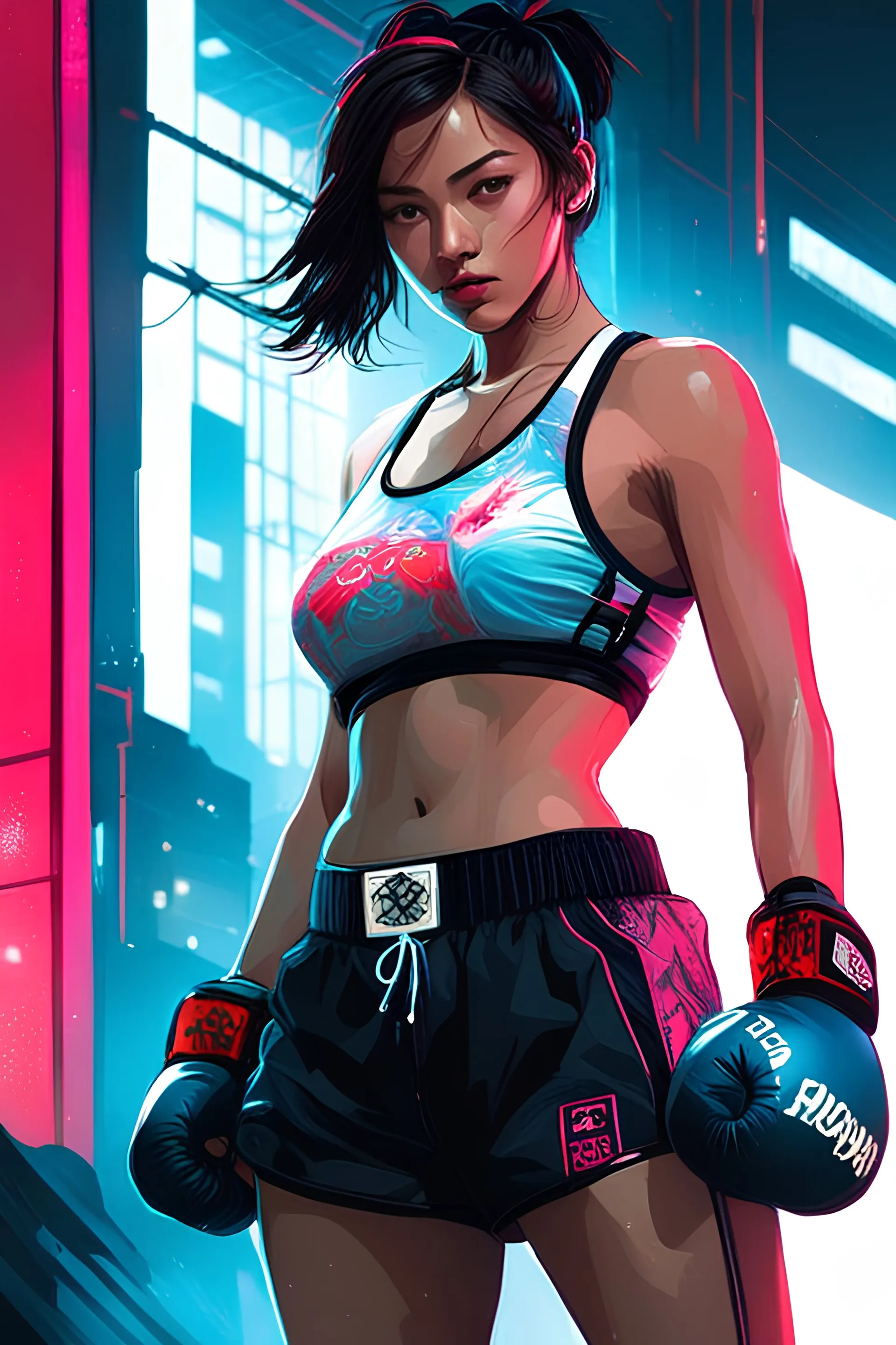 detailed portrait Neon boxer Brazilian Girl, cyberpunk futuristic neon, reflective crop top and shorts, boxing gloves, decorated with traditional Japanese ornaments by Ismail inceoglu dragan bibin hans thoma greg rutkowski Alexandros Pyromallis Nekro Rene Maritte Illustrated, Perfect face, fine details, realistic shaded, fine-face, pretty face