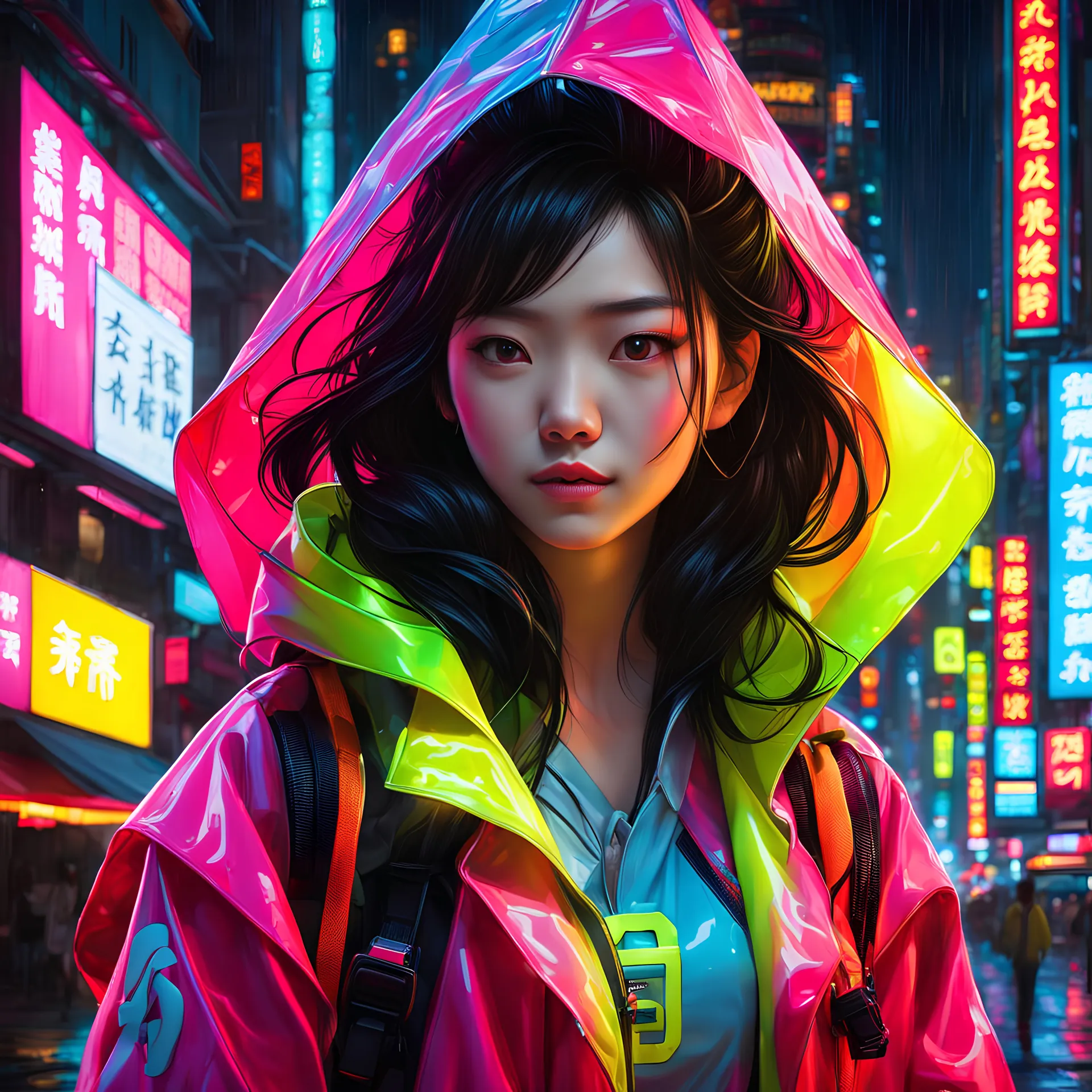 neon Chinese teen, masterpiece, best quality, half body, portrait, night city, 1girl, anime, 3D, Korea, pixar, realistic, teen girl, smiling, cute face, harajuku fashion style, rain coat, beautiful, colourful, neon lights, cyberpunk, smooth skin, illustration, by stanley artgerm lau, sideways glance, foreshortening, extremely detailed 8K, smooth, high resolution, ultra quality, highly detail eyes, highly detail mouth, highly detailed face, perfect eyes, both eyes are the same, glare, Iridescent