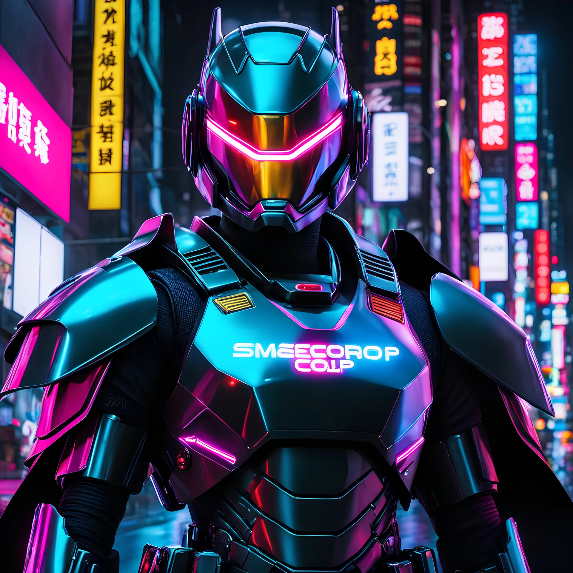 neon robot cop, written on it IO, masterpiece, best quality, half body, portrait, night city, anime, 3D, Korea, pixar, realistic, robo cop, harajuku fashion style, rain coat, beautiful, colourful, neon lights, cyberpunk, illustration, by stanley artgerm lau, sideways glance, foreshortening, extremely detailed 8K, smooth, high resolution, ultra quality, highly details, glare, side view, the shield has IO two letters on it