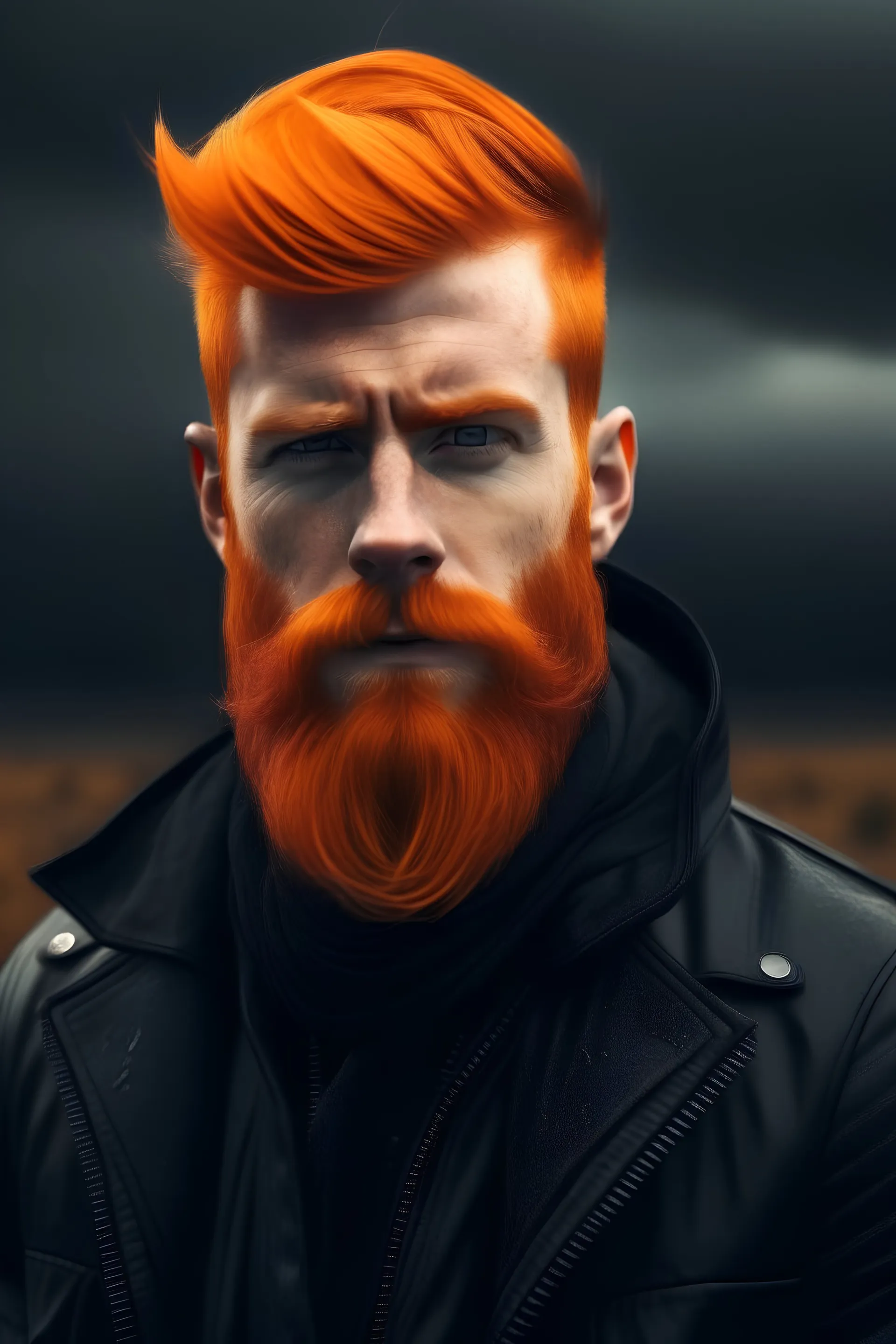 imaginary powerful man from the future in orange short hair and orange beard and sharp eyes wearing a black rider jacket on a stormy day on the background