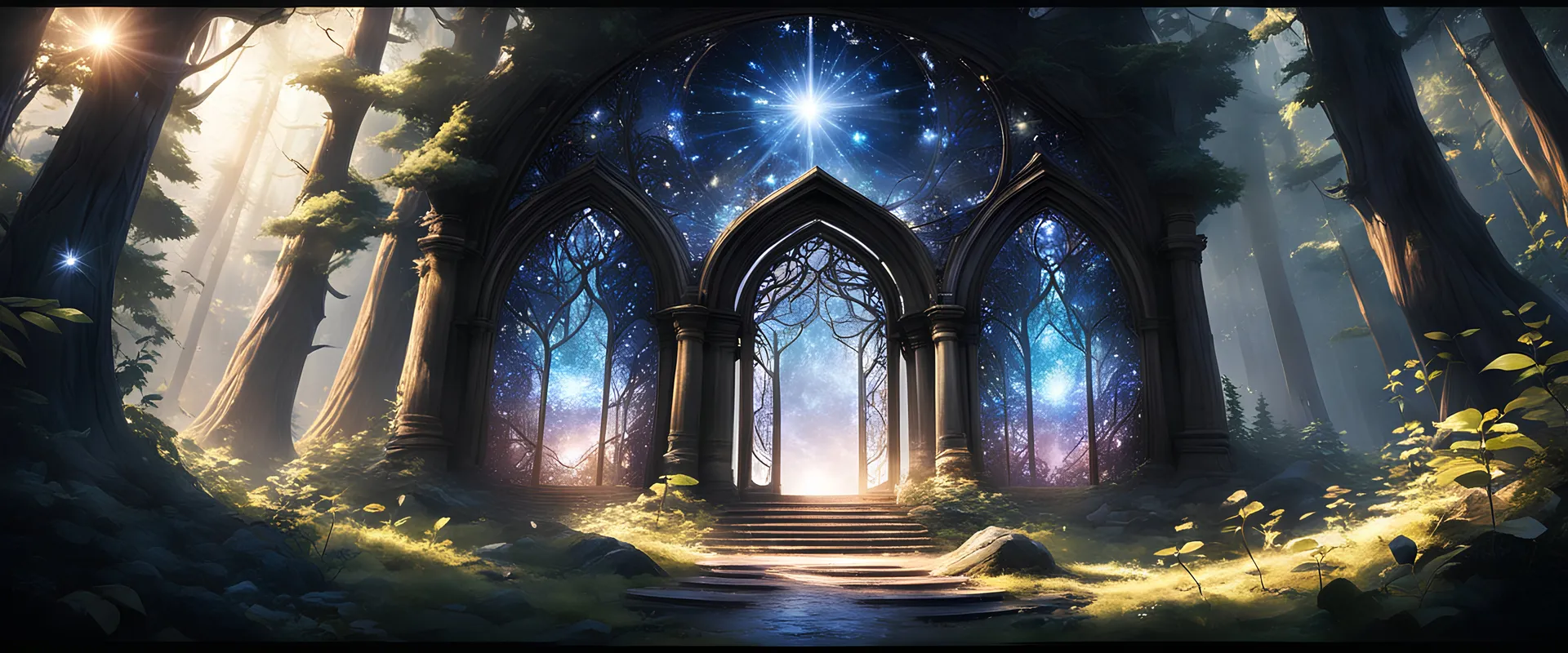 A portal to an alternate reality, its entrance framed by shimmering crystals, leading to a world of unimaginable beauty and wonder. at the forest