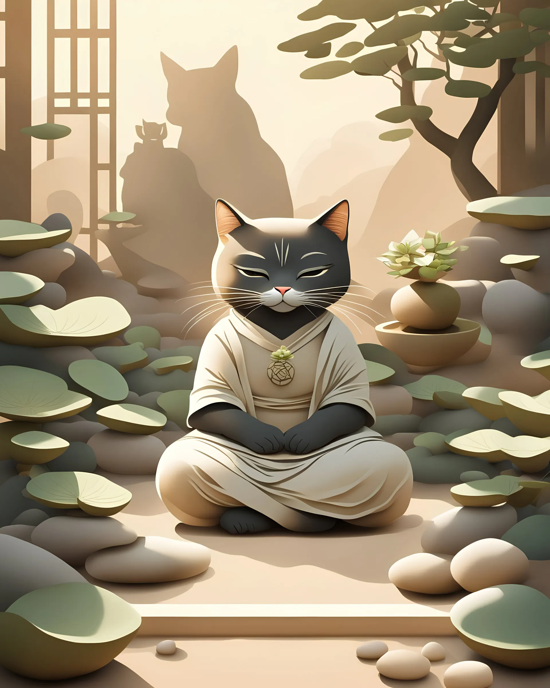 Digital illustration of a meditating cat in a Zen garden, the feline seated in the lotus position, surrounded by raked sand patterns, pebbles, and bonsai trees, an aura of calm encapsulating the scene, soft, natural color palette, diffused sunlight creating tranquil shadows, conveying a sense of peace and mindfulness,