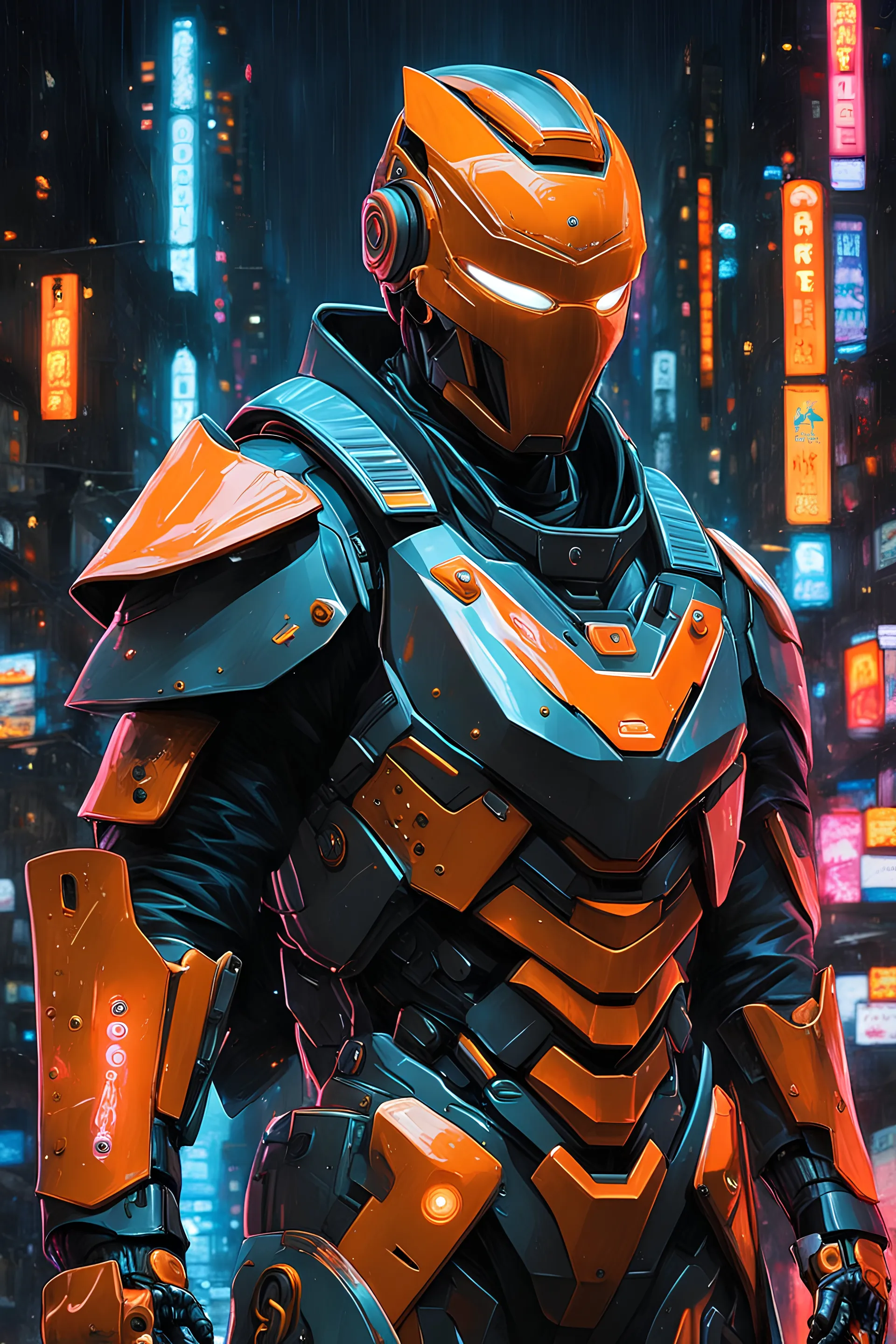 hockey mask, neon orange, robot, masterpiece, best quality, half body, portrait, night city, anime, 3D, Korea, pixar, realistic, robo cop, harajuku fashion style, rain coat, beautiful, colourful, neon lights, cyberpunk, illustration, by stanley artgerm lau, sideways glance, foreshortening, extremely detailed 8K, smooth, high resolution, ultra quality, highly details, glare, side view,