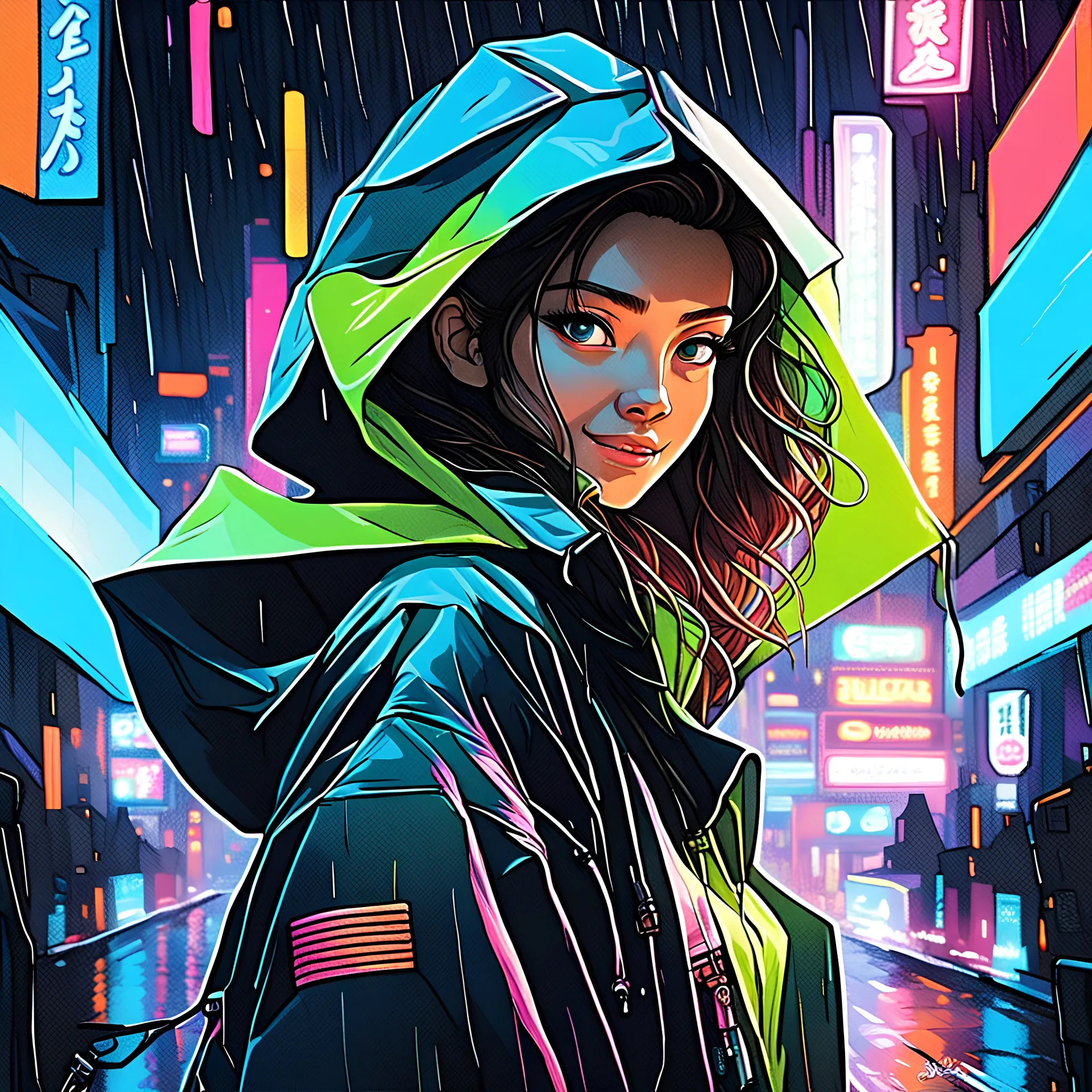 masterpiece, best quality, half body, portrait, night city, 1girl, anime, 3D, Japan, pixar, realistic, teen girl, smiling, cute face, harajuku fashion style, rain coat, beautiful, colourful, neon lights, cyberpunk, smooth skin, illustration, by stanley artgerm lau, sideways glance, foreshortening, extremely detailed 8K, smooth, high resolution, ultra quality, highly detail eyes, highly detail mouth, highly detailed face, perfect eyes, both eyes are the same, glare, Iridescent, JUSTROY logo