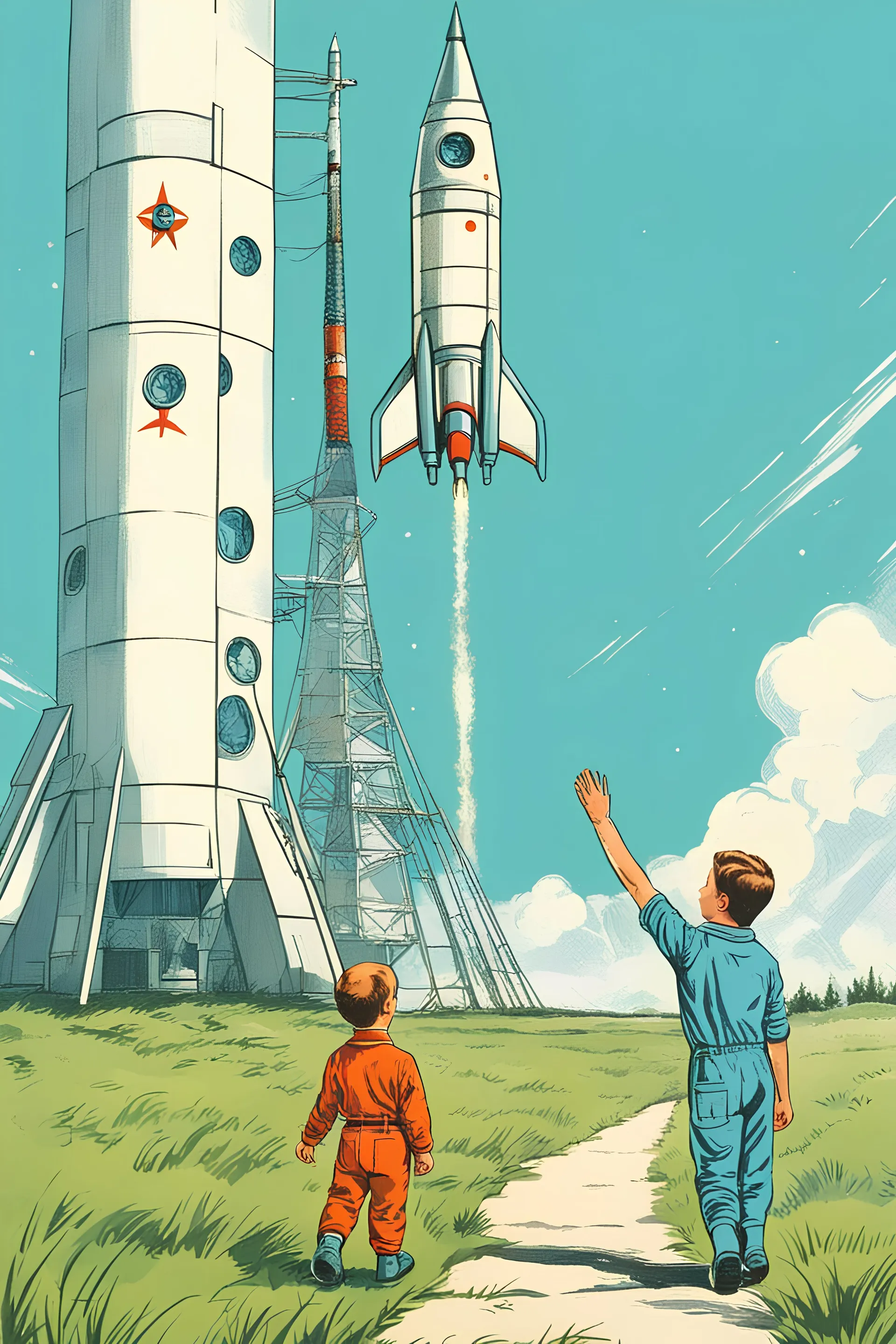 boy waving hand to his dad who is a cosmonaut getting ready to fly the rocket in ussr. the space rocket is visible in the distance. green grass, blue skies