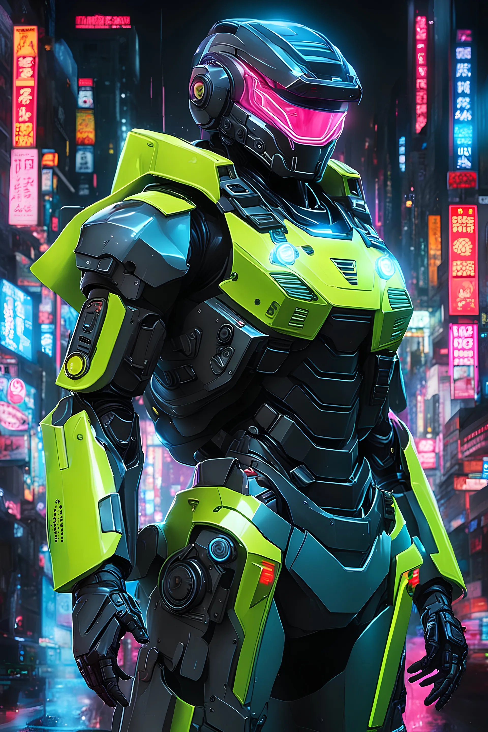 neon robot cop, masterpiece, best quality, half body, portrait, night city, anime, 3D, Korea, pixar, realistic, robo cop, harajuku fashion style, rain coat, beautiful, colourful, neon lights, cyberpunk, illustration, by stanley artgerm lau, sideways glance, foreshortening, extremely detailed 8K, smooth, high resolution, ultra quality, highly details, glare, side view,