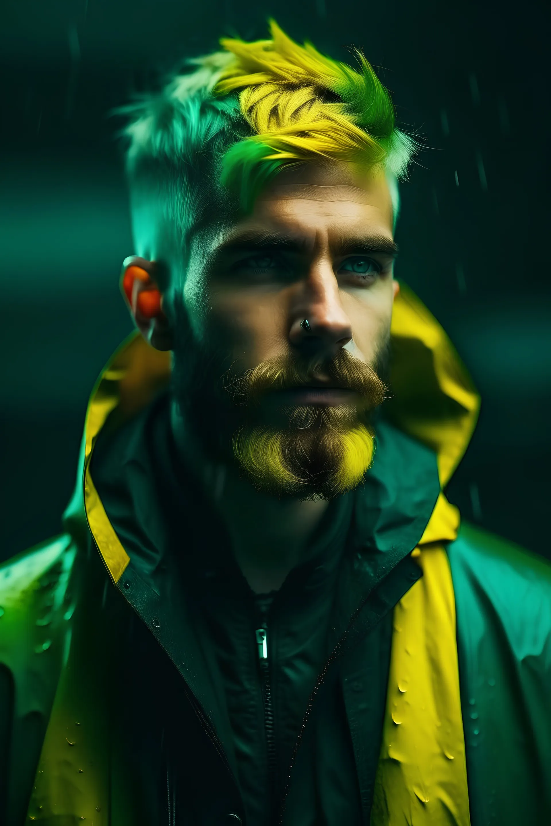 imaginary man from the future in green short hair and yellow beard and sharp eyes wearing a black rider jacket on a stormy day on the background