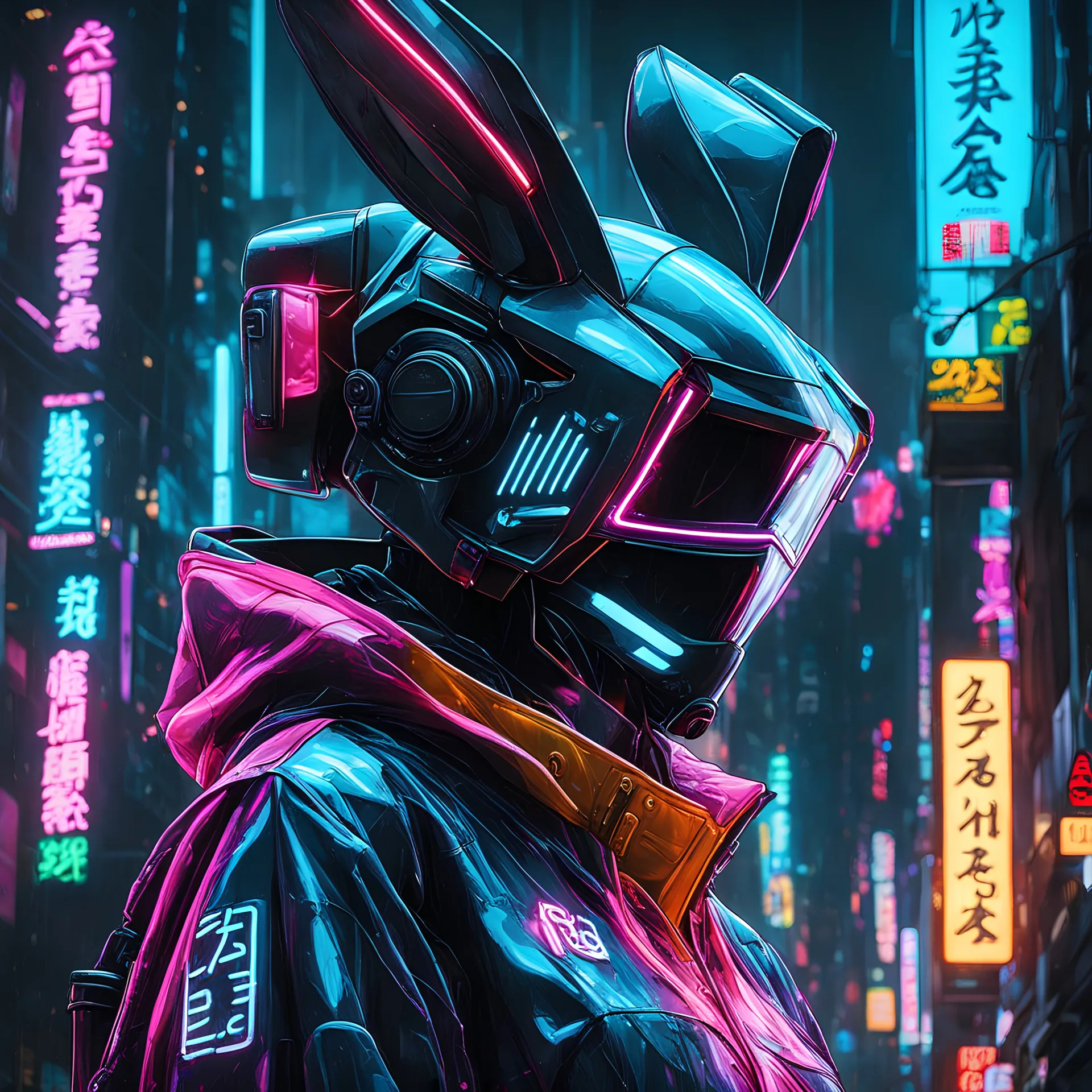 neon robotic bunny, fully masked, masterpiece, best quality, half body, portrait, night city, anime, 3D, Korean, pixar, realistic, robo cop, harajuku fashion style, rain coat, beautiful, colourful, neon lights, cyberpunk, illustration, by stanley artgerm lau, sideways glance, foreshortening, extremely detailed 8K, smooth, high resolution, ultra quality, highly details, glare, side view,