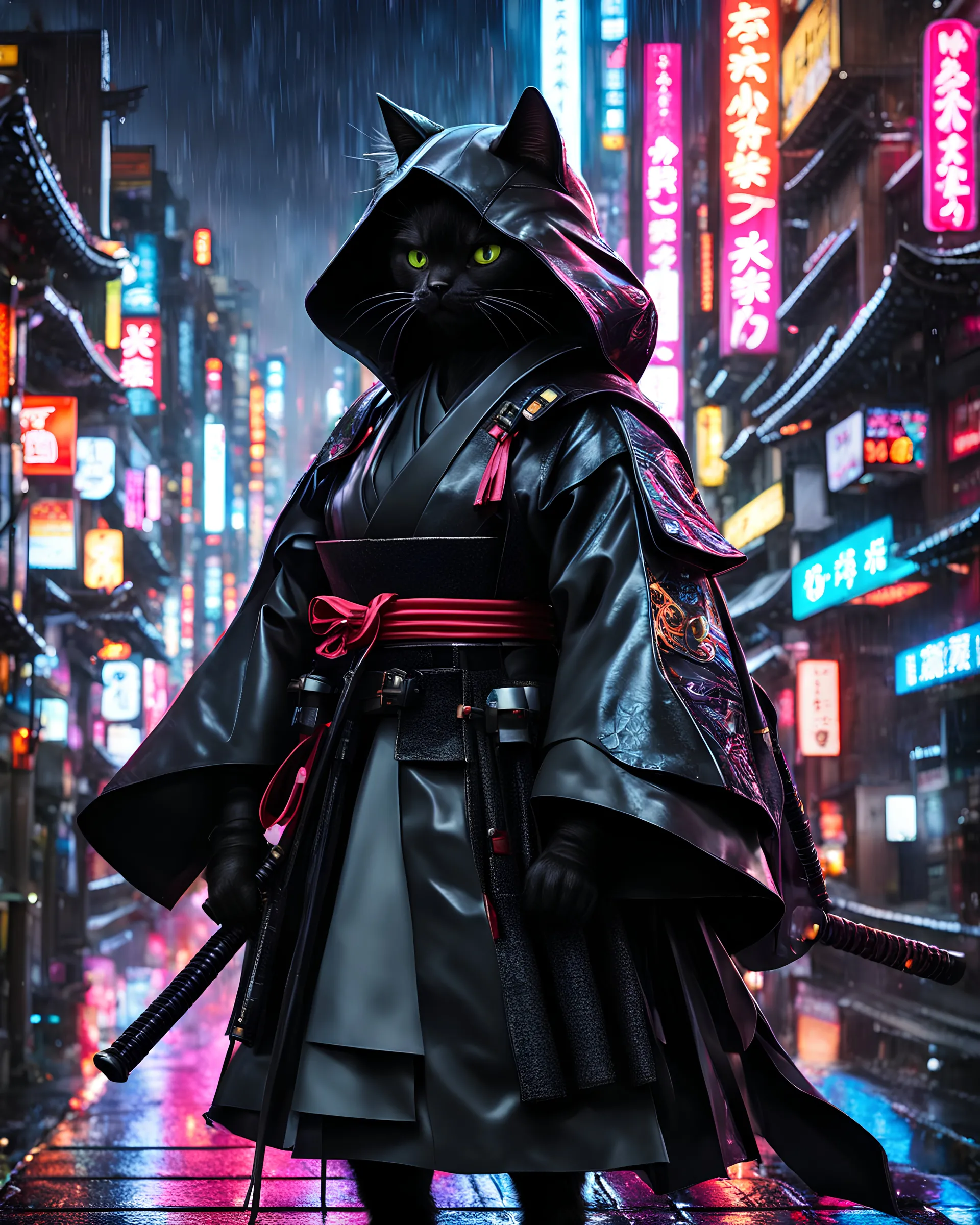 black cat samurai , masterpiece, best quality, half body, portrait, night city, anime, 3D, Korea, pixar, black cat samurai, harajuku fashion style, rain coat, beautiful, colorful, neon lights, cyberpunk, illustration, by NaokiSaito, sideways glance, foreshortening, extremely detailed 8K, smooth, high resolution, ultra quality, highly details, glare, side view,