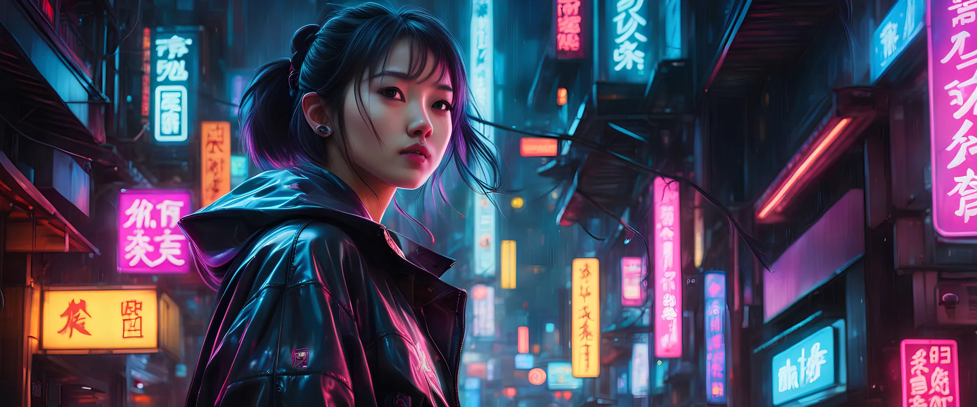 neon Chinese teen, masterpiece, best quality, half body, portrait, night city, 1girl, anime, 3D, Japan, pixar, realistic, teen girl, smiling, cute face, harajuku fashion style, rain coat, beautiful, colourful, neon lights, cyberpunk, smooth skin, illustration, by stanley artgerm lau, sideways glance, foreshortening, extremely detailed 8K, smooth, high resolution, ultra quality, highly detail eyes, highly detail mouth, highly detailed face, perfect eyes, both eyes are the same, glare, Iridescent