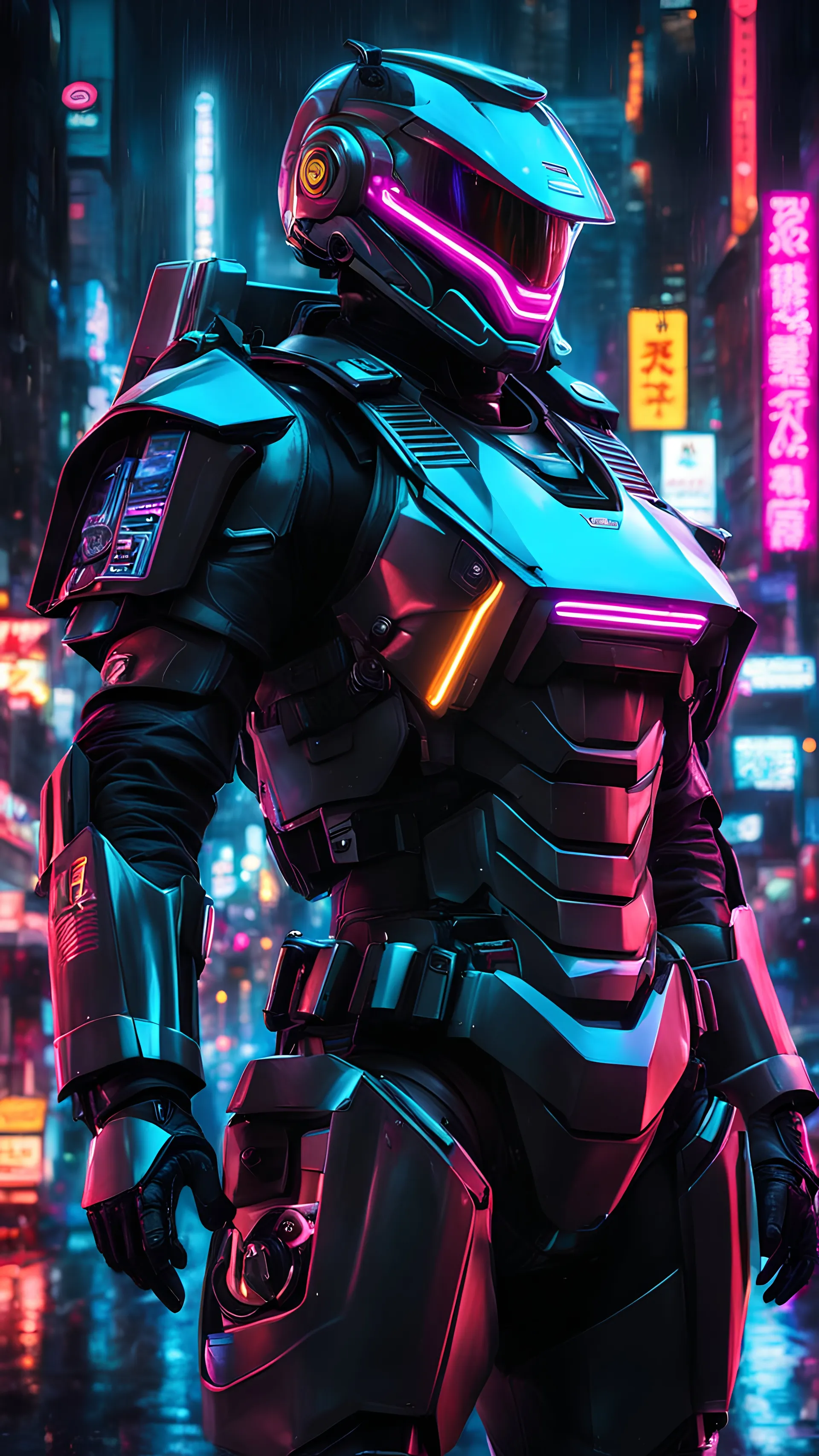 neon robot cop, masterpiece, best quality, half body, portrait, night city, anime, 3D, Korea, pixar, realistic, robo cop, harajuku fashion style, rain coat, beautiful, colourful, neon lights, cyberpunk, illustration, by stanley artgerm lau, sideways glance, foreshortening, extremely detailed 8K, smooth, high resolution, ultra quality, highly details, glare, side view,