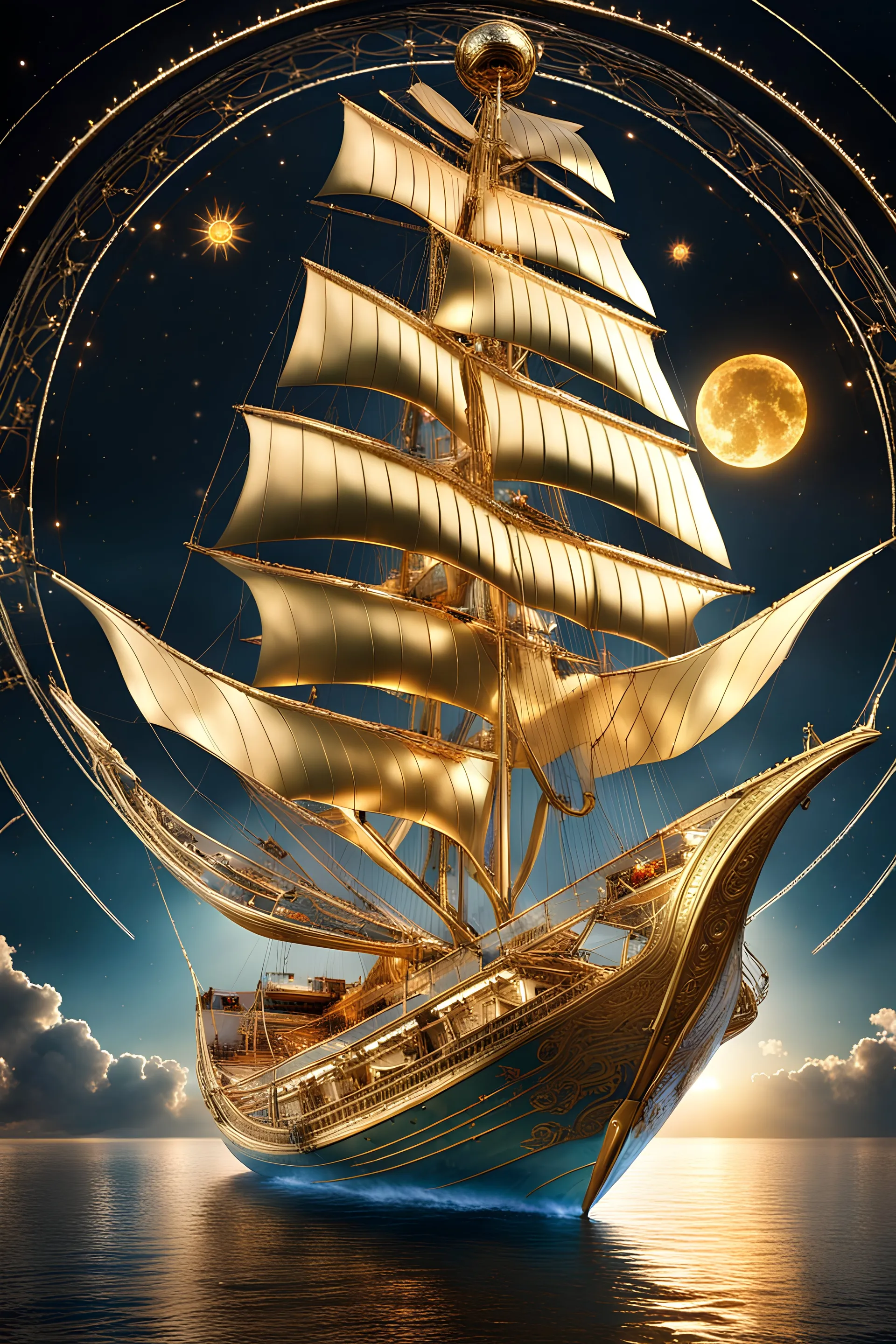 in a breathtaking scene, a resplendently majestic solar sailer glides through a tranquil sky. by alex1shved It is a vibrant and opulent vessel, adorned with glistening golden accents and intricate celestial motifs. The image, a digitally enhanced photograph, captures the sailer in impeccable detail, showcasing its sleek contours and shimmering solar panels. Each intricate brushstroke brings out the vessel's magnificence, its regal presence commanding attention. The viewer is transported into a