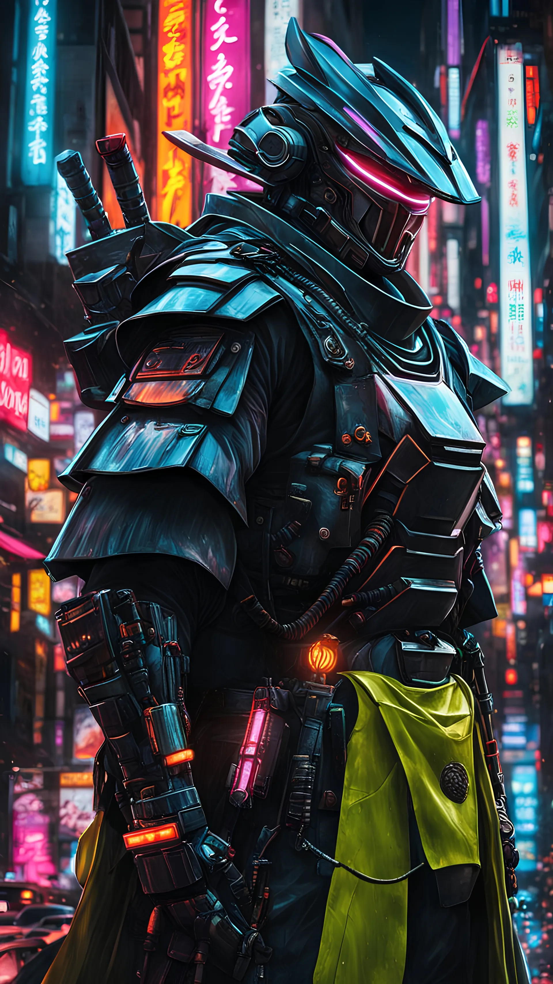 neon robot samurai, masterpiece, best quality, half body, portrait, night city, anime, 3D, Japan, pixar, realistic, robo cop, harajuku fashion style, rain coat, beautiful, colourful, neon lights, cyberpunk, illustration, by stanley artgerm lau, sideways glance, foreshortening, extremely detailed 8K, smooth, high resolution, ultra quality, highly details, glare, side view,