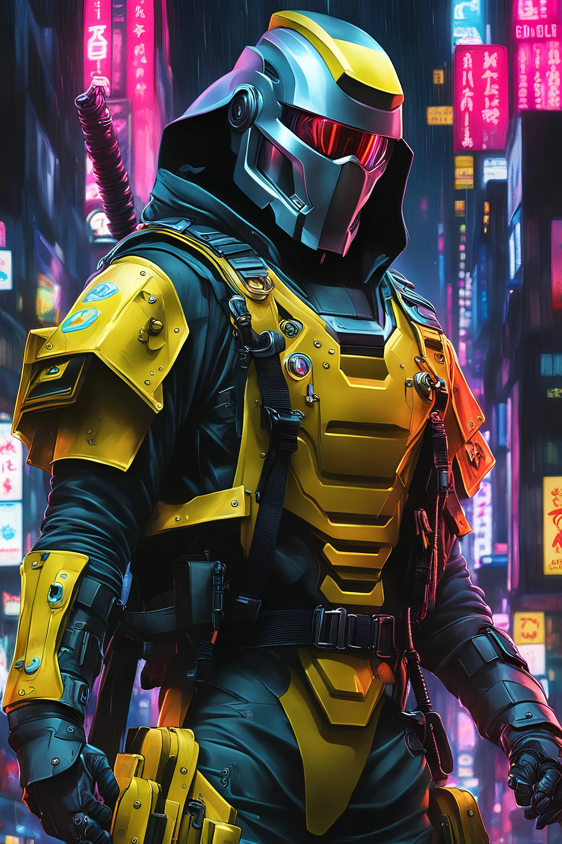 casey jones, neon robot cop, masterpiece, best quality, half body, portrait, night city, anime, 3D, Korea, pixar, realistic, robo cop, harajuku fashion style, rain coat, beautiful, colourful, neon lights, cyberpunk, illustration, by stanley artgerm lau, sideways glance, foreshortening, extremely detailed 8K, smooth, high resolution, ultra quality, highly details, glare, side view,