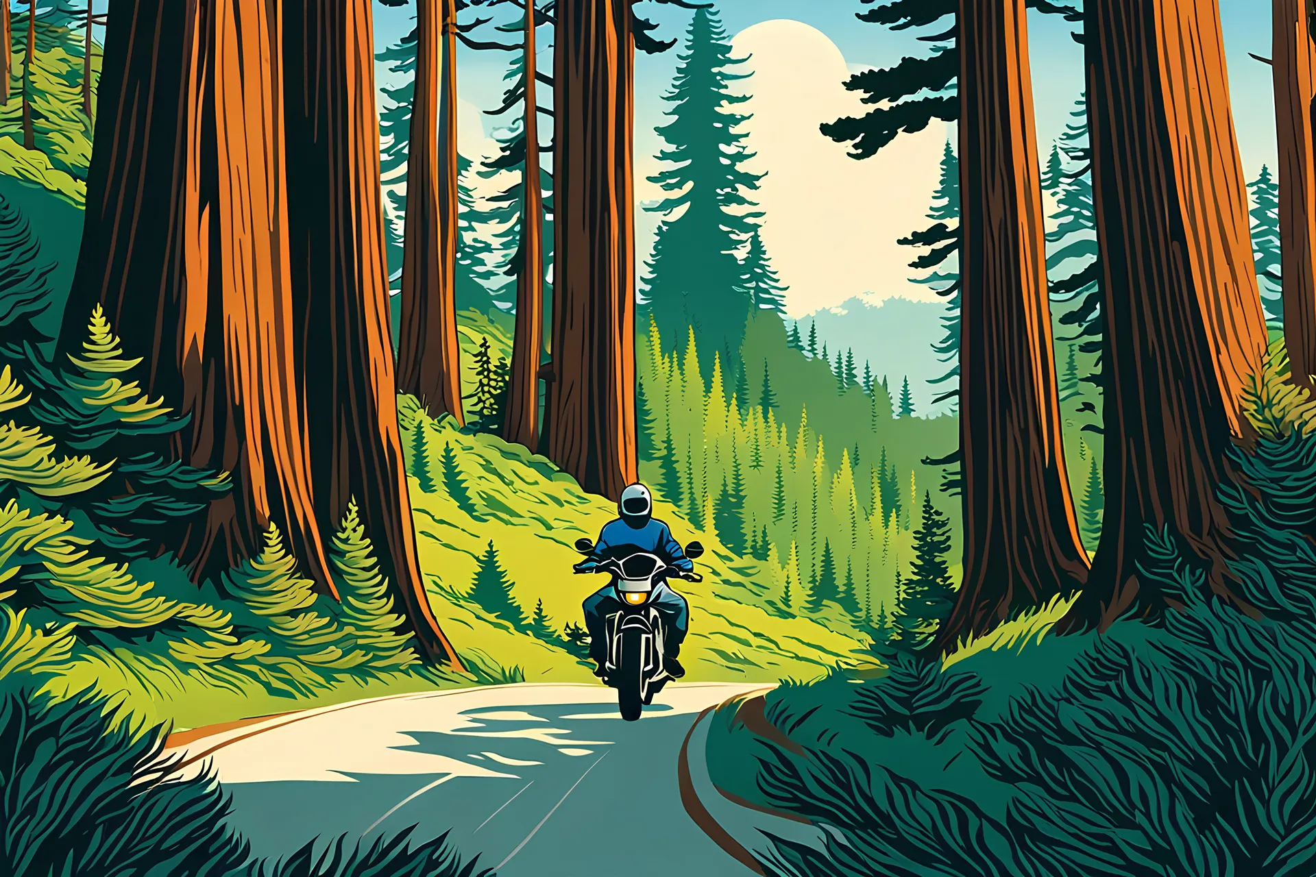 a motorcyclist riding through conifers and redwood trees with an ocean in the background, utilize the color of green grass, sky blue, and golden color of oats.