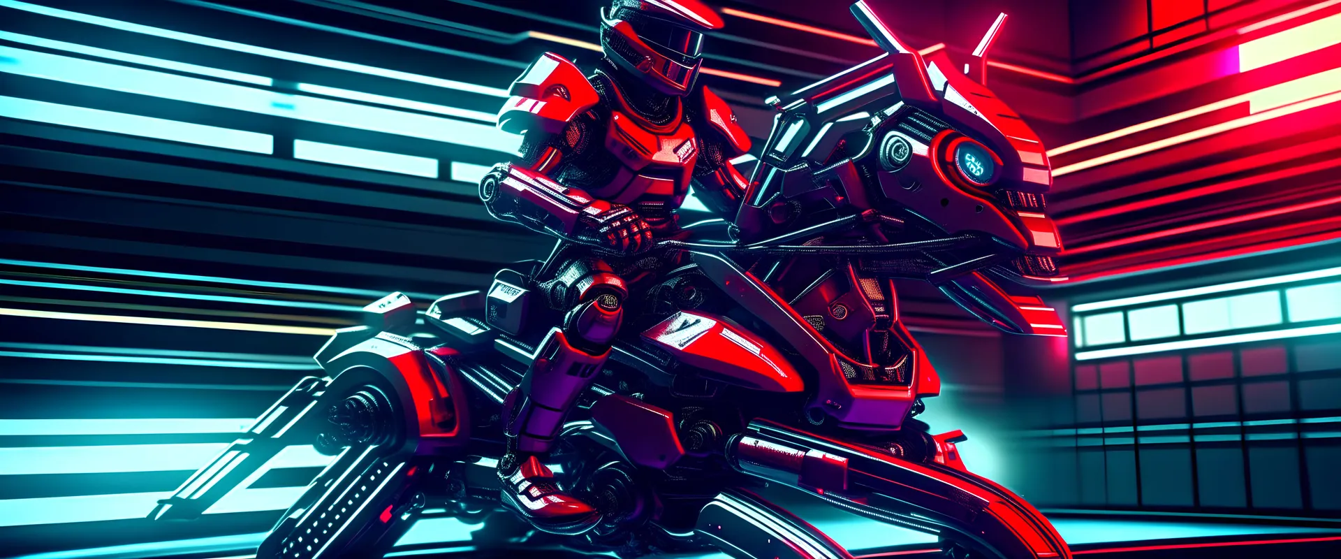 Armored cyberpunk robot riding a mechanical horse vs sports car. The robot is wearing red and black futuristic armor. Fantasy cyberpunk style. CG rendered in detailed high quality.