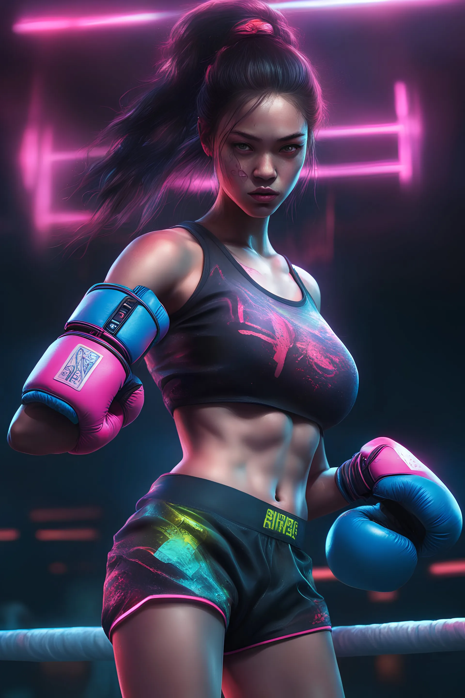 detailed portrait Neon boxer Brazilian Girl, cyberpunk futuristic neon, reflective crop top and shorts, boxing gloves, decorated with traditional Japanese ornaments by Ismail inceoglu dragan bibin hans thoma greg rutkowski Alexandros Pyromallis Nekro Rene Maritte Illustrated, Perfect face, fine details, realistic shaded, fine-face, pretty face