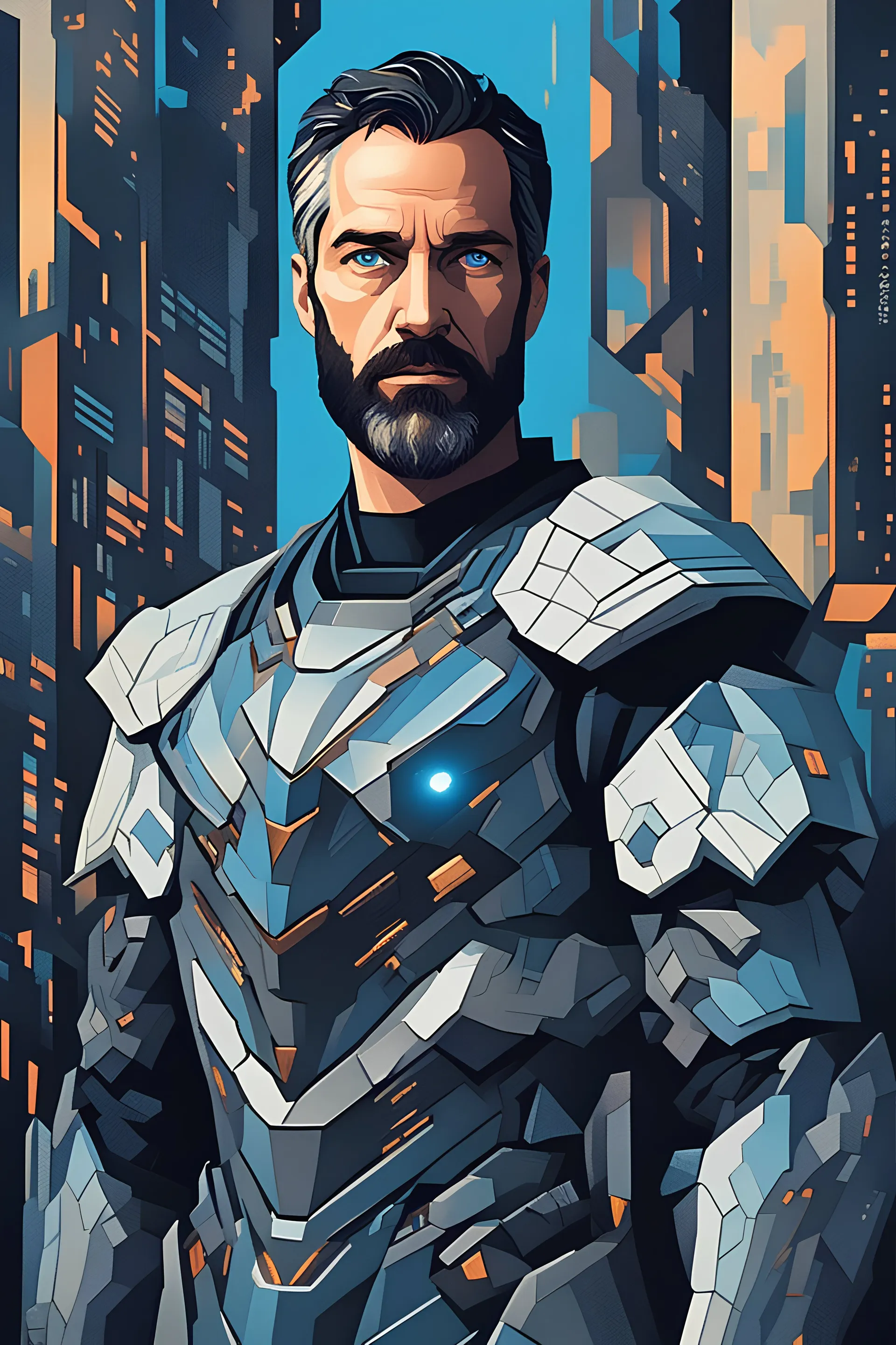 A handsome, charismatic man in his early 40s with dark gray hair and beard, piercing blue eyes and wearing space knight armor. He exudes an air of mystery and hope against a retro-futuristic city backdrop. The artwork is pixelated.