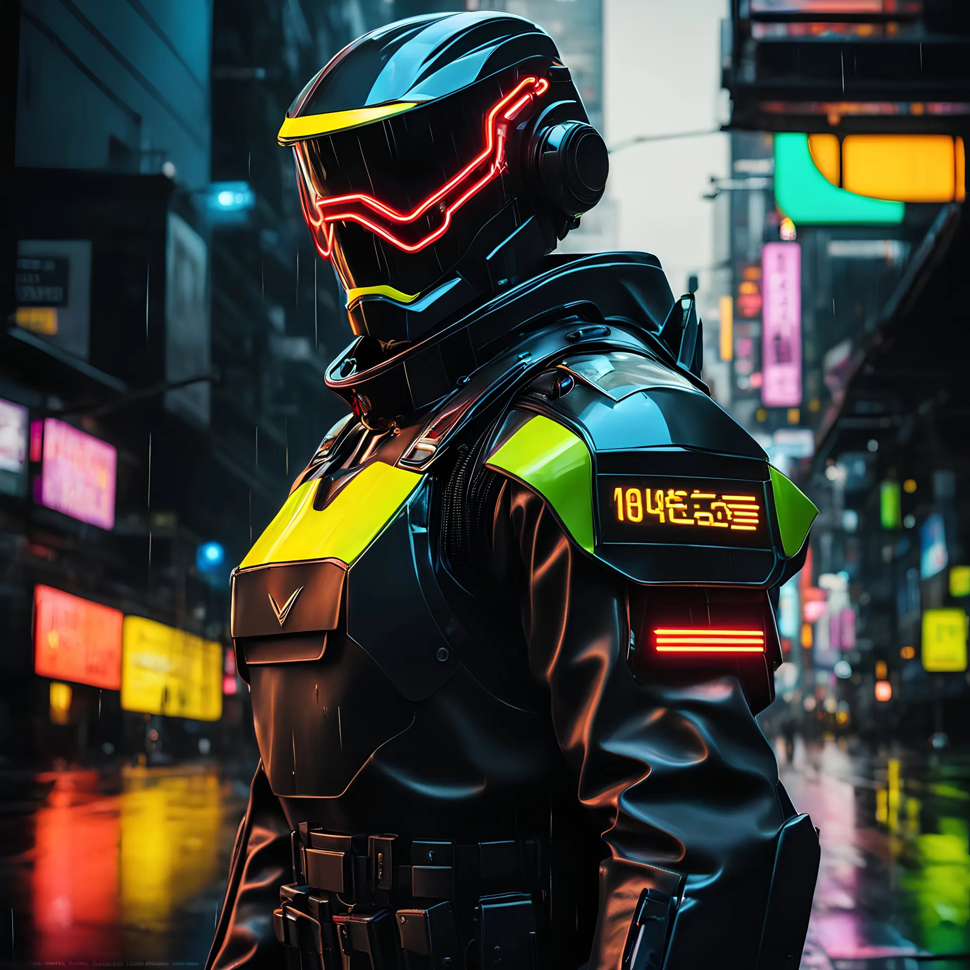 neon robot cop, masterpiece, best quality, half body, portrait, night city, anime, 3D, Korea, pixar, realistic, robo cop, harajuku fashion style, rain coat, beautiful, colourful, neon lights, cyberpunk, illustration, by stanley artgerm lau, sideways glance, foreshortening, extremely detailed 8K, smooth, high resolution, ultra quality, highly details, glare, side view, wide portrait posture