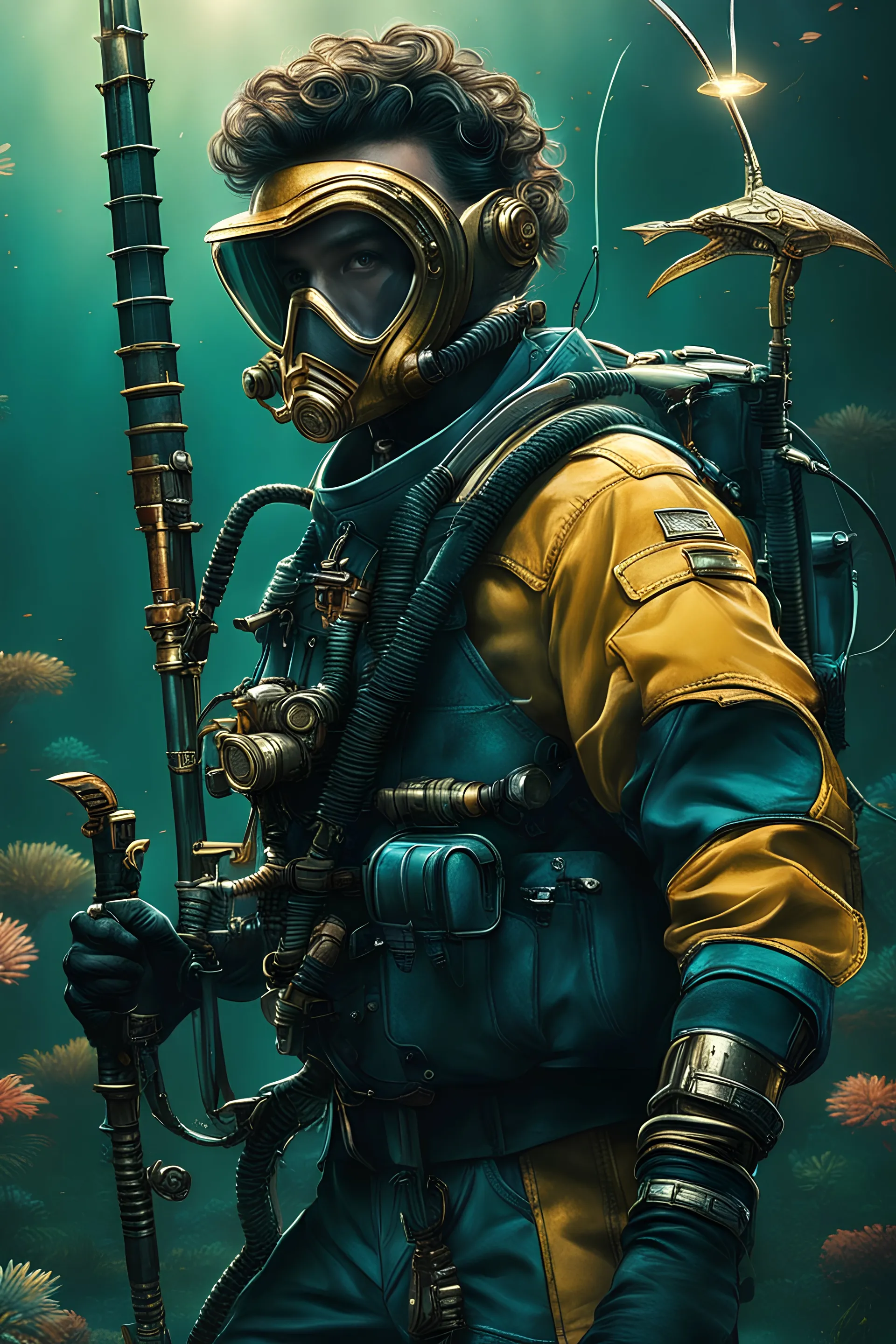 futuristic diver with sword like speargun in stranger things universe