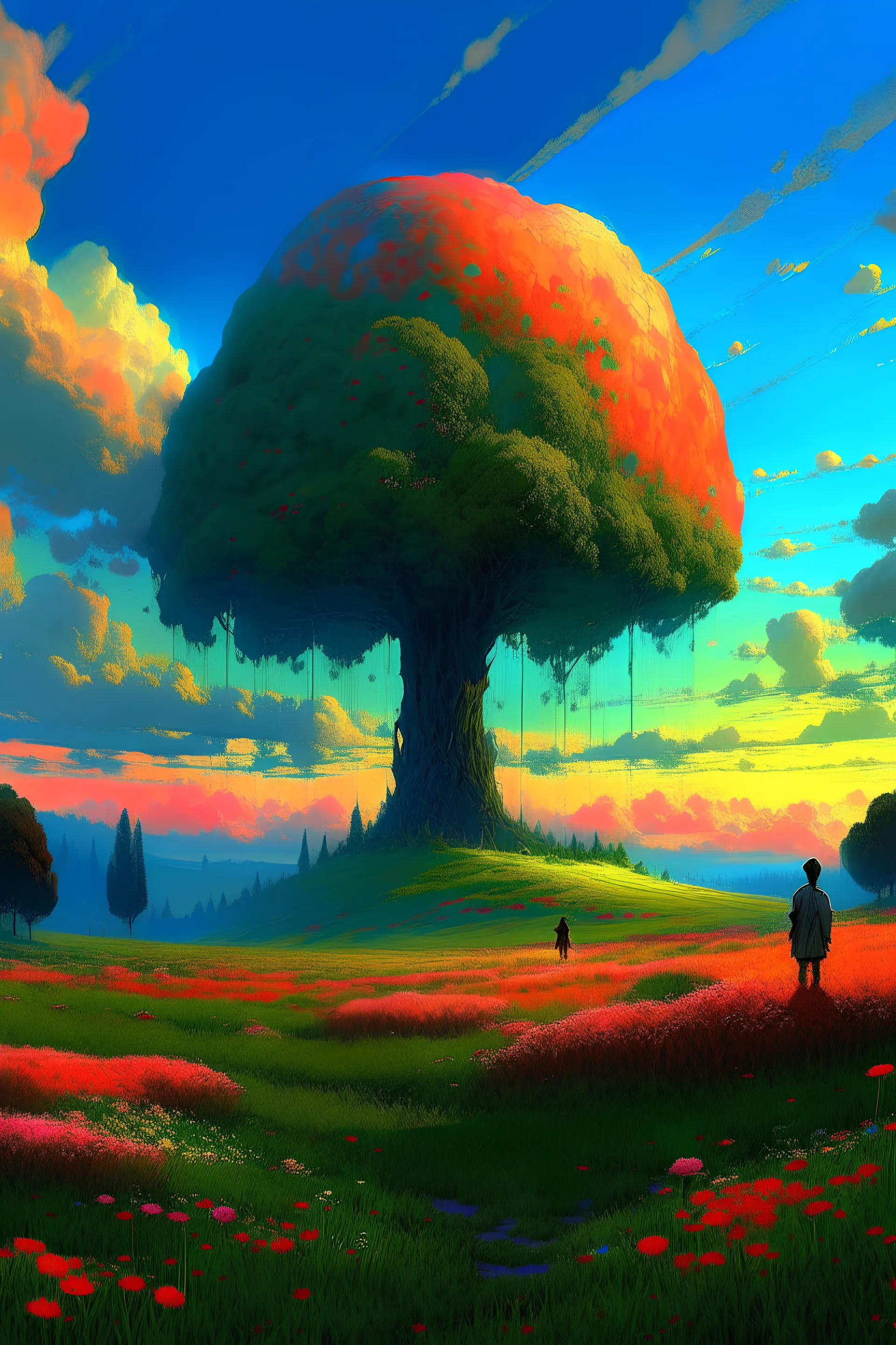 with giant flower, field of flowers hills, big trees, dramatic sunrise light, impressionist painting, colorful clouds, digital painting, pointillism, artistic station, simon stalenhag