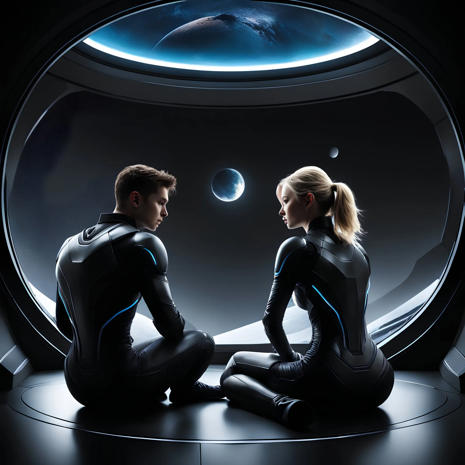 A realistic very dark photo from the back of the shadow of a brunette 18-year-old boy and an 18-year-old blonde girl sitting together on the floor of a very dark futuristic room, wearing sci-fi tight suits, the girl's head rests on the boy's shoulder. In the background, of a round window with views of a far planet earth from space, hyperrealistic, hyperdetailed, 8k