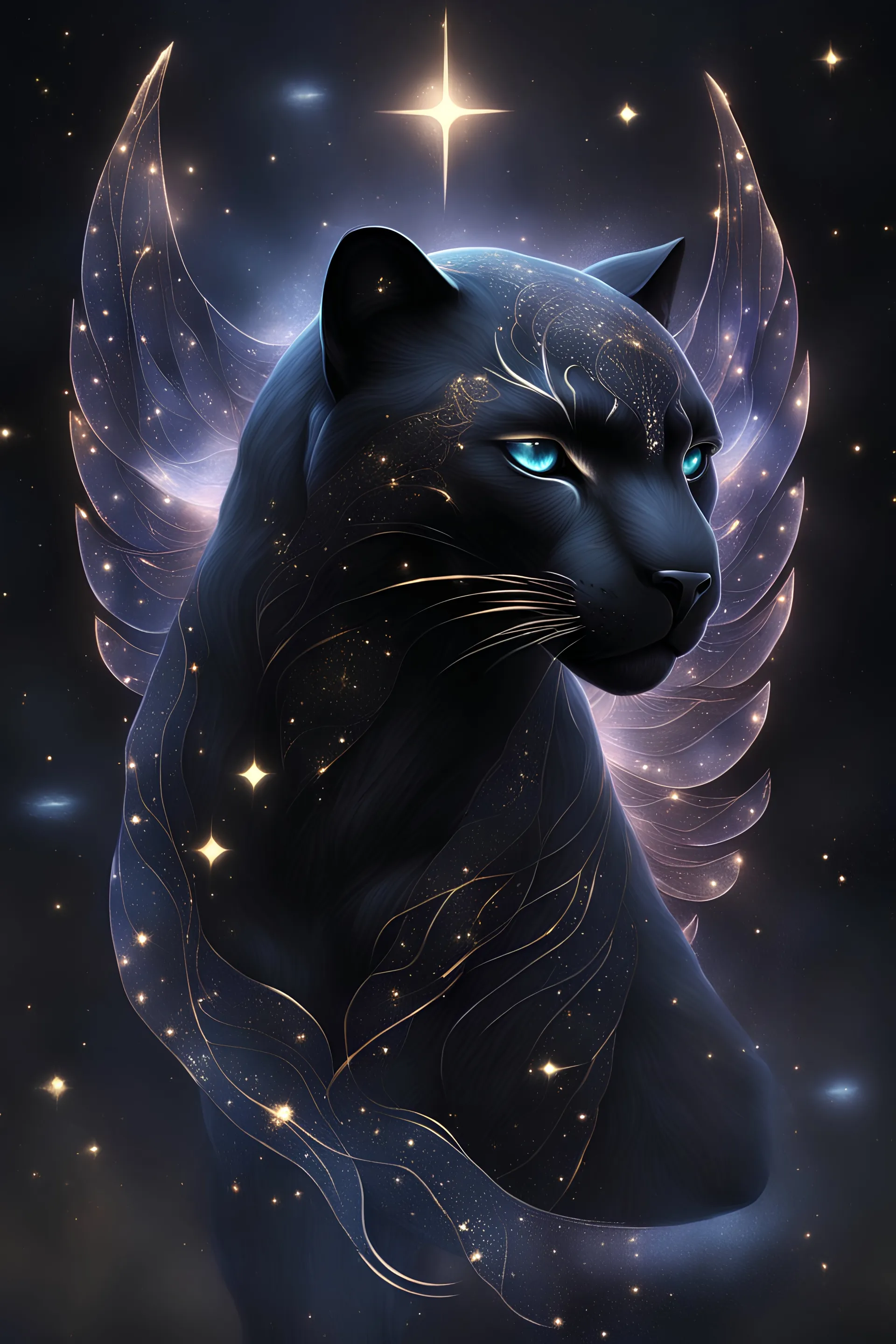 high quality, highly detailed, a majestic creature that seamlessly blends the grace of a panther with the enchantment of realms, Imagine a sleek, ebony panther with ethereal wings extending from its powerful shoulders, The wings are adorned with patterns resembling constellations, shimmering with the soft glow of distant stars, The creature prowls through the night, its obsidian fur reflecting the cosmic brilliance above, Its eyes, pools of luminescent stardust, emanate both intelligence and mys