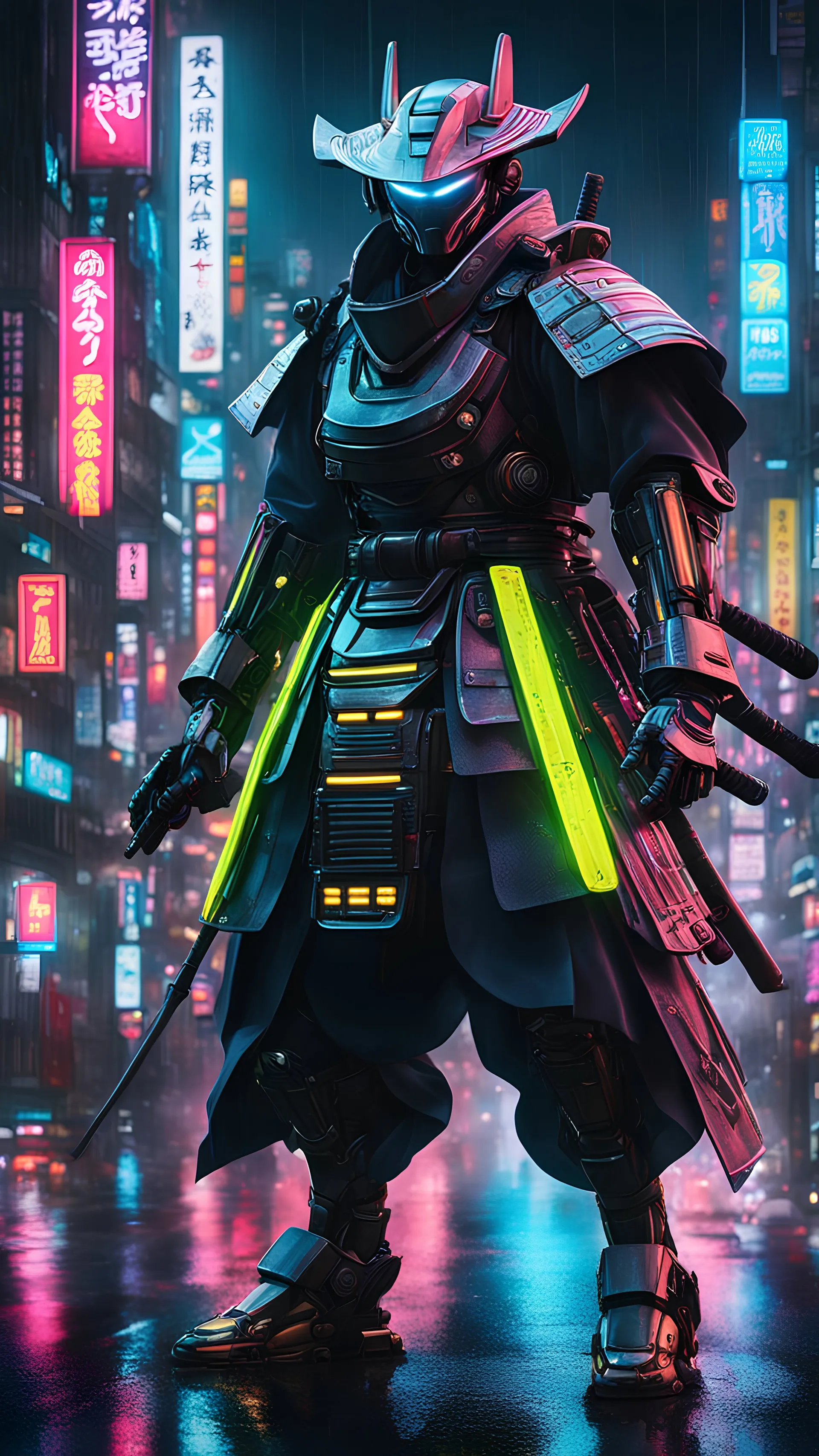 neon robot samurai, masterpiece, best quality, half body, portrait, night city, anime, 3D, Korea, pixar, realistic, robo cop, harajuku fashion style, rain coat, beautiful, colourful, neon lights, cyberpunk, illustration, by stanley artgerm lau, sideways glance, foreshortening, extremely detailed 8K, smooth, high resolution, ultra quality, highly details, glare, side view,