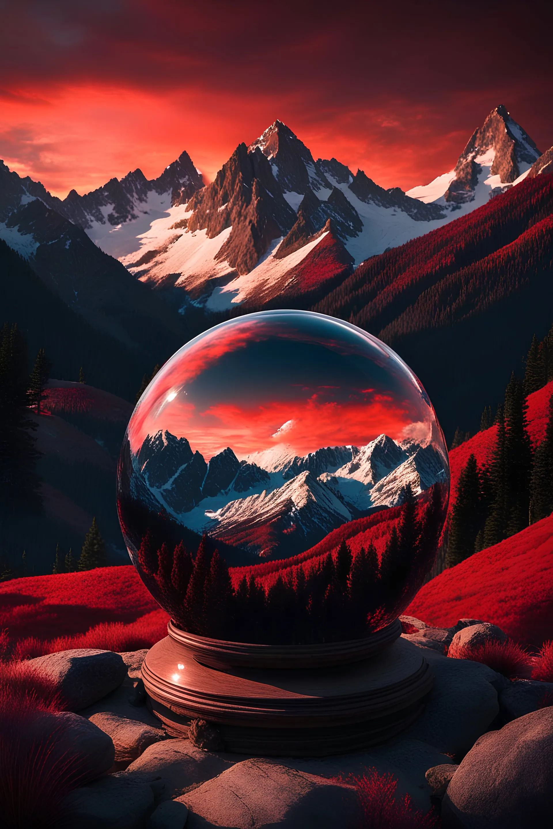 towering mountains through a crystal ball, and the red sunset was about to fall, clouds in the sky were dyed red