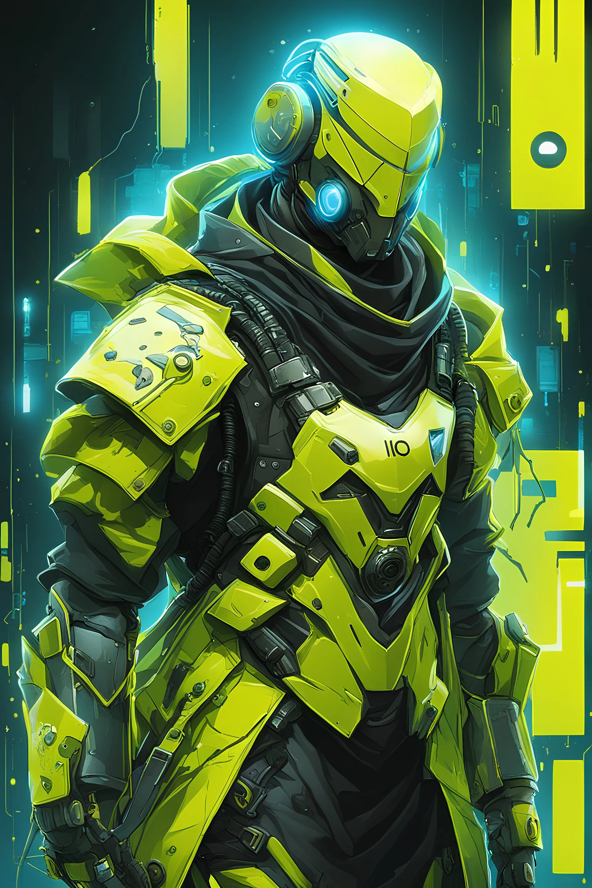 ''io.net'' logo, hockey mask, neon yellow, robot, masterpiece, best quality, half body, portrait, , anime, 3d, , pixar, realistic, robo soldier, harajuku fashion style, raincoat, beautiful, colorful , neon lights, cyberpunk, illustration by stanley artgerm lau, acronym, highly detailed 4k, smooth, high resolution, , high details, glare, side view, gun on the back