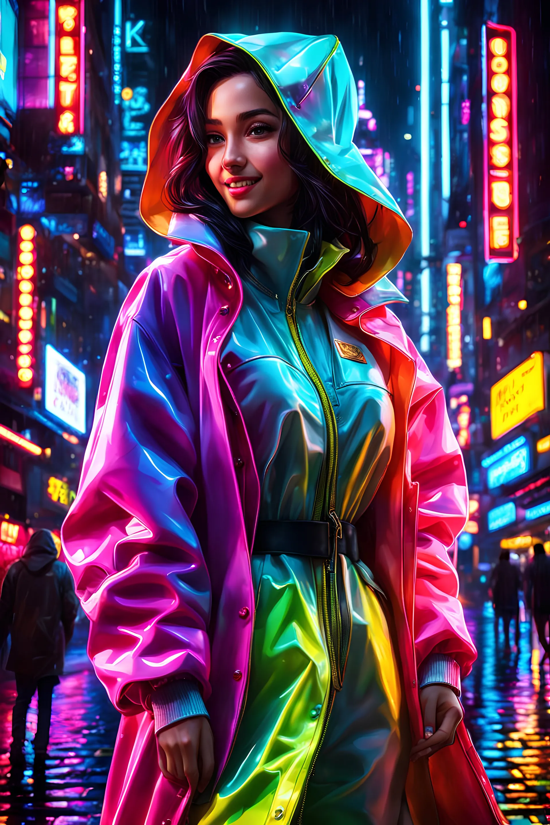 neon arabian teen, best quality, half body, portrait, night city, 1girl, anime, 3D, Dubai, pixar, realistic, teen girl, smiling, cute face, rain coat, beautiful, colourful, neon lights, cyberpunk, smooth skin, illustration, sideways glance, foreshortening, extremely detailed 8K, smooth, high resolution, ultra quality, highly detail eyes, highly detail mouth, highly detailed face, perfect eyes, both eyes are the same, glare, model, DUBAI skyskrapers