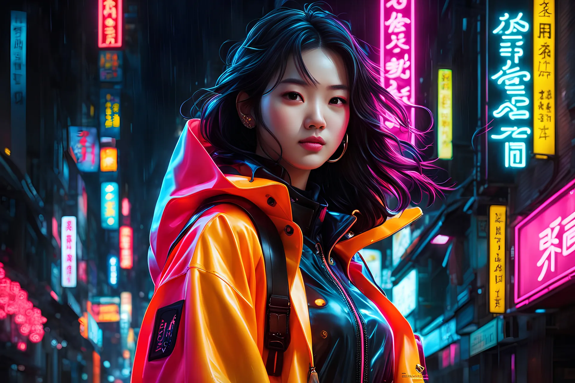 neon Chinese teen, masterpiece, best quality, half body, portrait, night city, 1girl, anime, 3D, Korea, pixar, realistic, teen girl, smiling, cute face, harajuku fashion style, rain coat, beautiful, colourful, neon lights, cyberpunk, smooth skin, illustration, by stanley artgerm lau, sideways glance, foreshortening, extremely detailed 8K, smooth, high resolution, ultra quality, highly detail eyes, highly detail mouth, highly detailed face, perfect eyes, both eyes are the same, glare, short hair