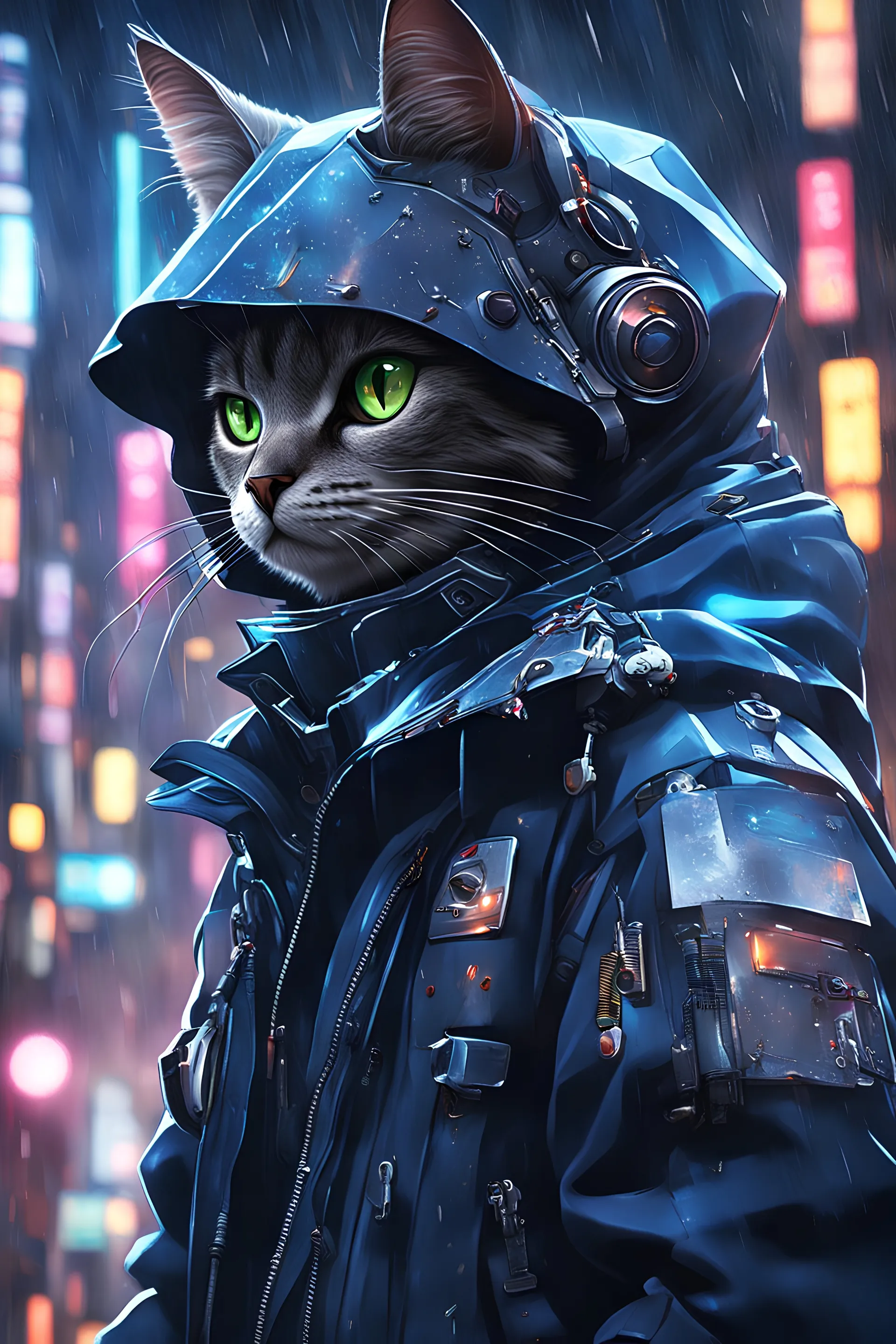 dark blue cat robot , masterpiece, best quality, half body, portrait, night city, anime, 3D, China, pixar, realistic, robo cop, rain coat, beautiful, colourful, dark blue lights, cyberpunk, illustration, sideways glance, foreshortening, extremely detailed 8K, smooth, high resolution, ultra quality, highly details, glare, side view , black dark blue color