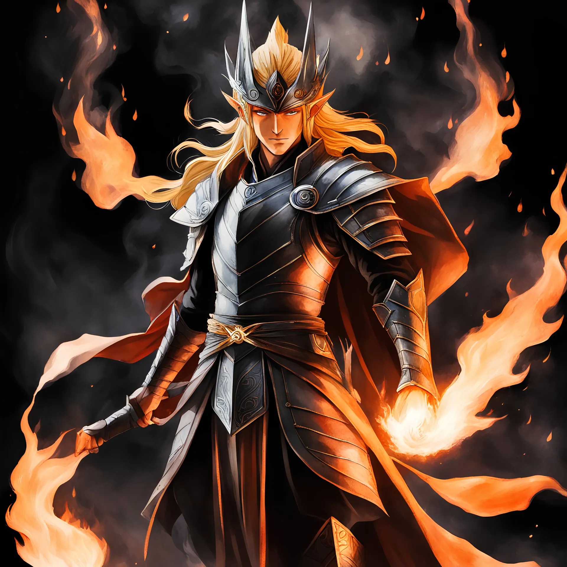 Sauron from LOTR in his elven form in flames and smoke in naruto anime drawing art style, watercolor, with a dark background