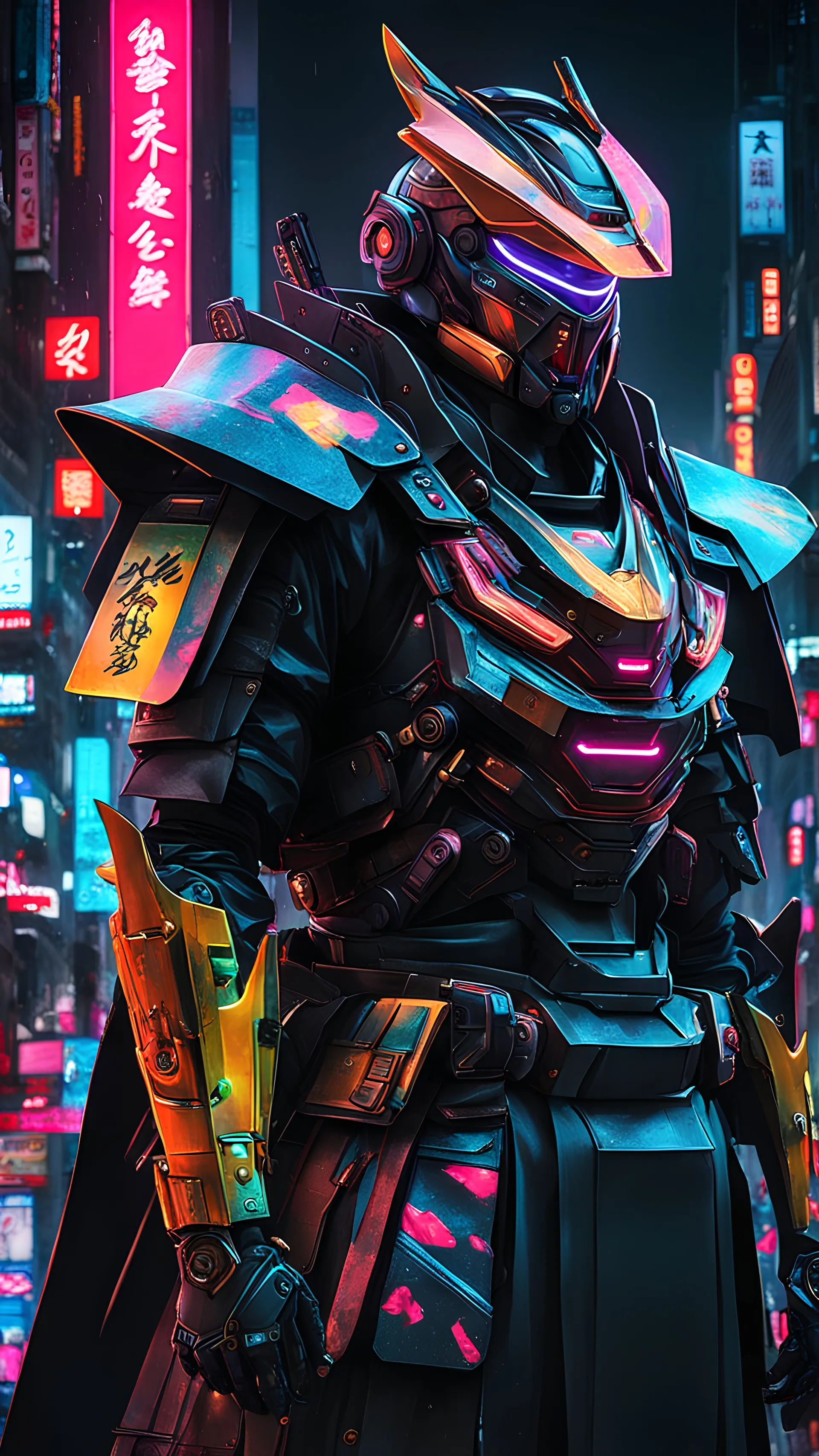 neon robot samurai, masterpiece, best quality, half body, portrait, night city, anime, 3D, Japan, pixar, realistic, robo cop, harajuku fashion style, rain coat, beautiful, colourful, neon lights, cyberpunk, illustration, by stanley artgerm lau, sideways glance, foreshortening, extremely detailed 8K, smooth, high resolution, ultra quality, highly details, glare, side view,