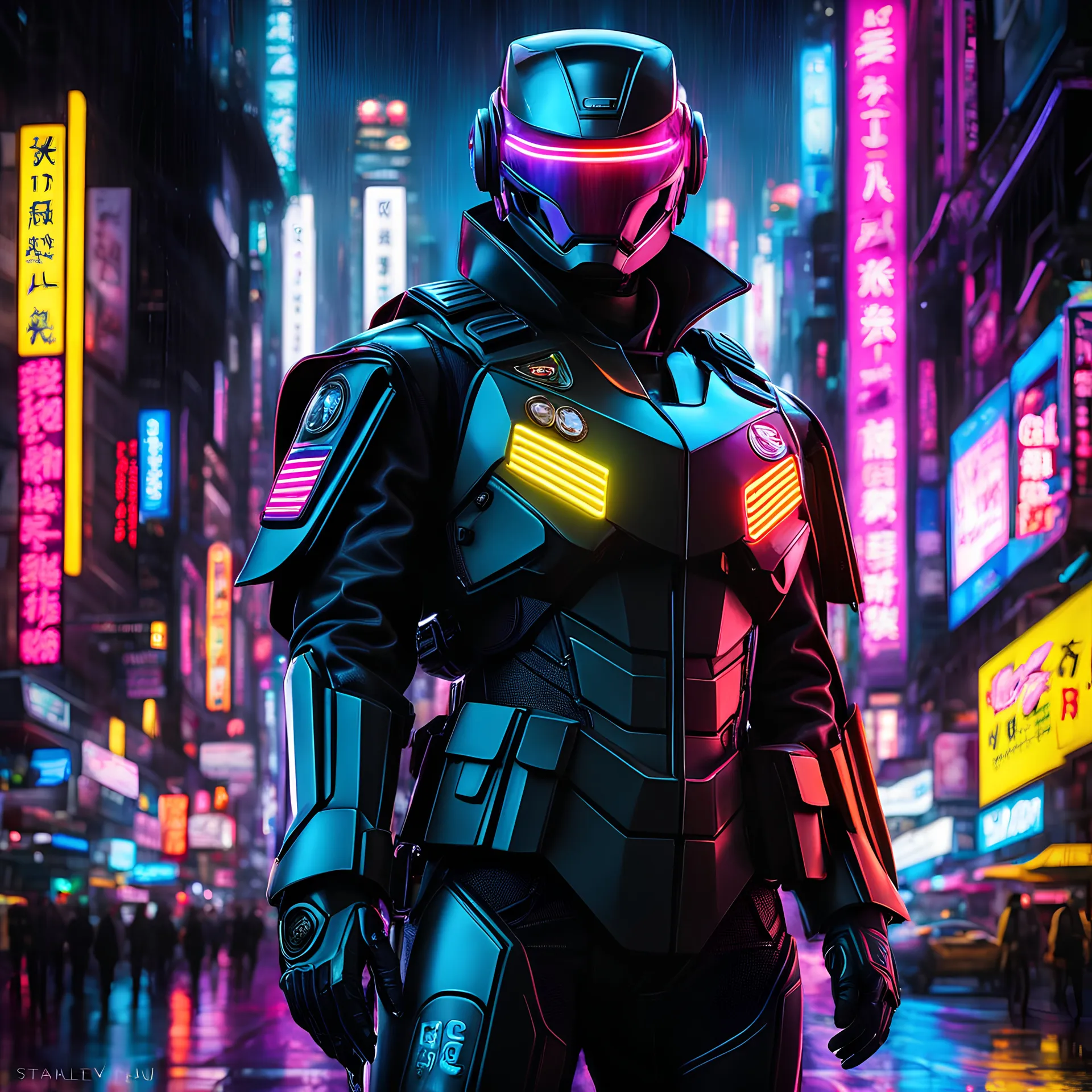 neon robot cop, masterpiece, best quality, half body, portrait, night city, anime, 3D, Korea, pixar, realistic, robo cop, harajuku fashion style, rain coat, beautiful, colourful, neon lights, cyberpunk, illustration, by stanley artgerm lau, sideways glance, foreshortening, extremely detailed 8K, smooth, high resolution, ultra quality, highly details, glare, side view,