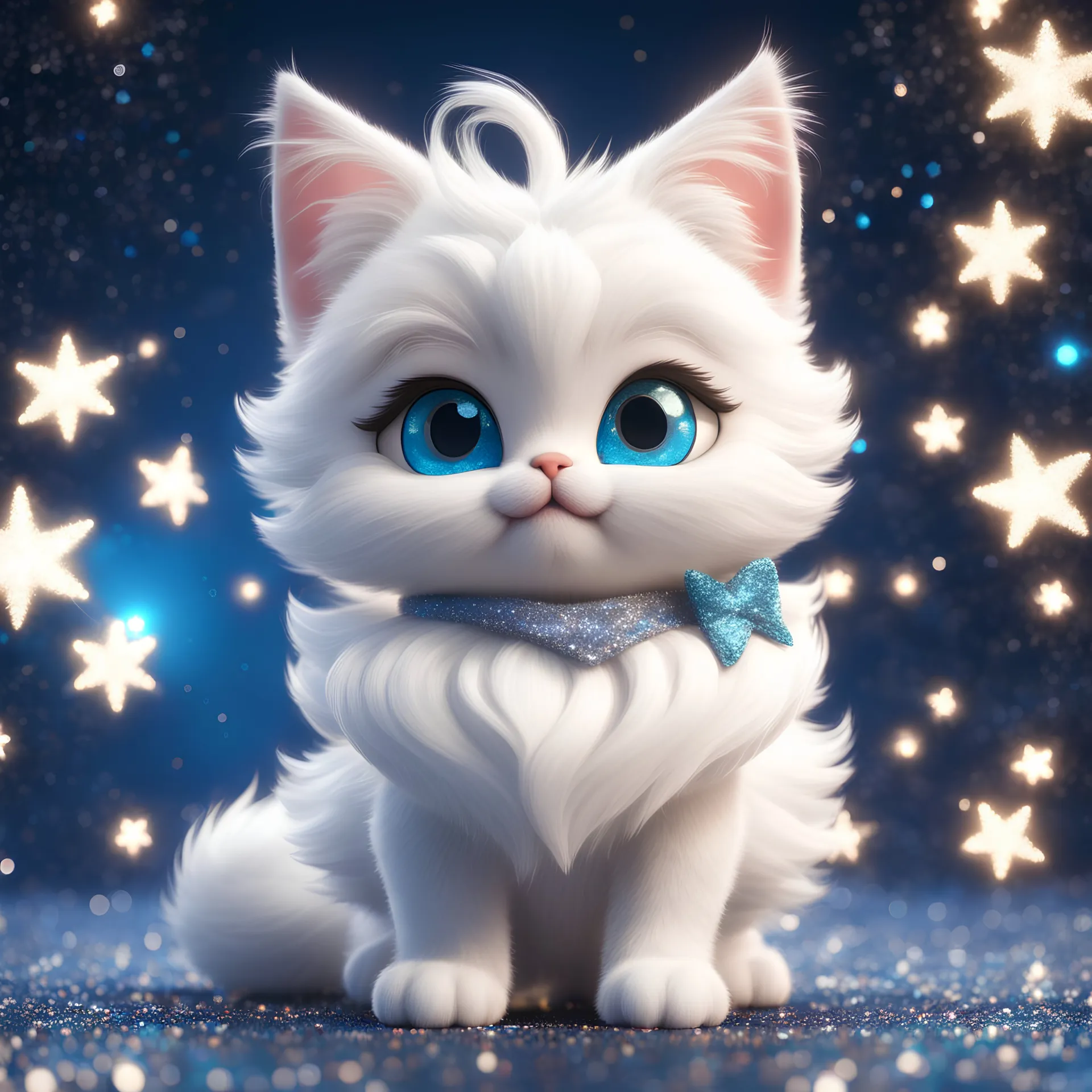 Disney cartoon character, chibi, kind fluffy white cat with shiny silver hair in glitter and blue eyes and smile, hair sprinkled with glitter dust, magic glitter, full length, unreal engine render, 8k