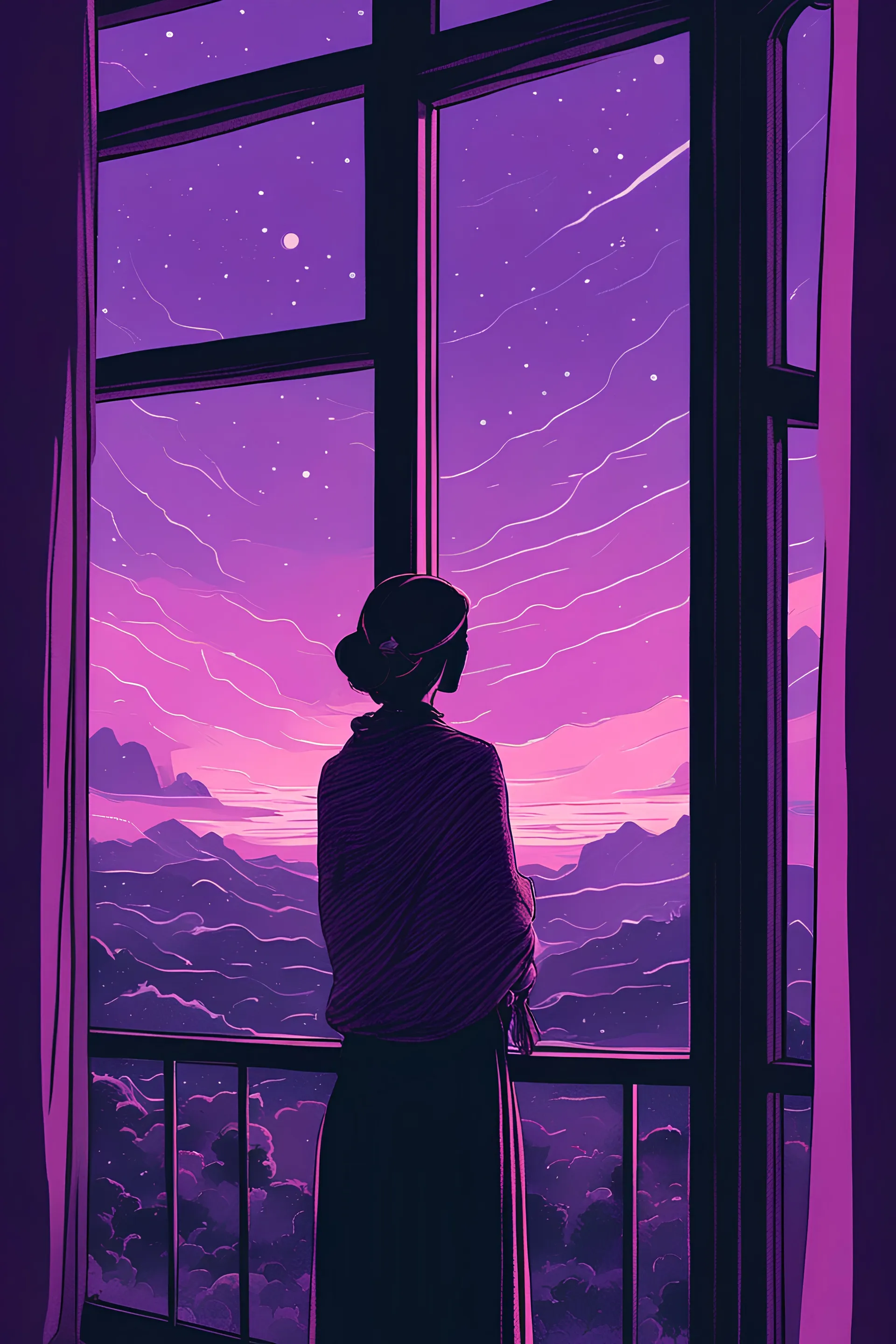 Woman looking at the purple sky through the window