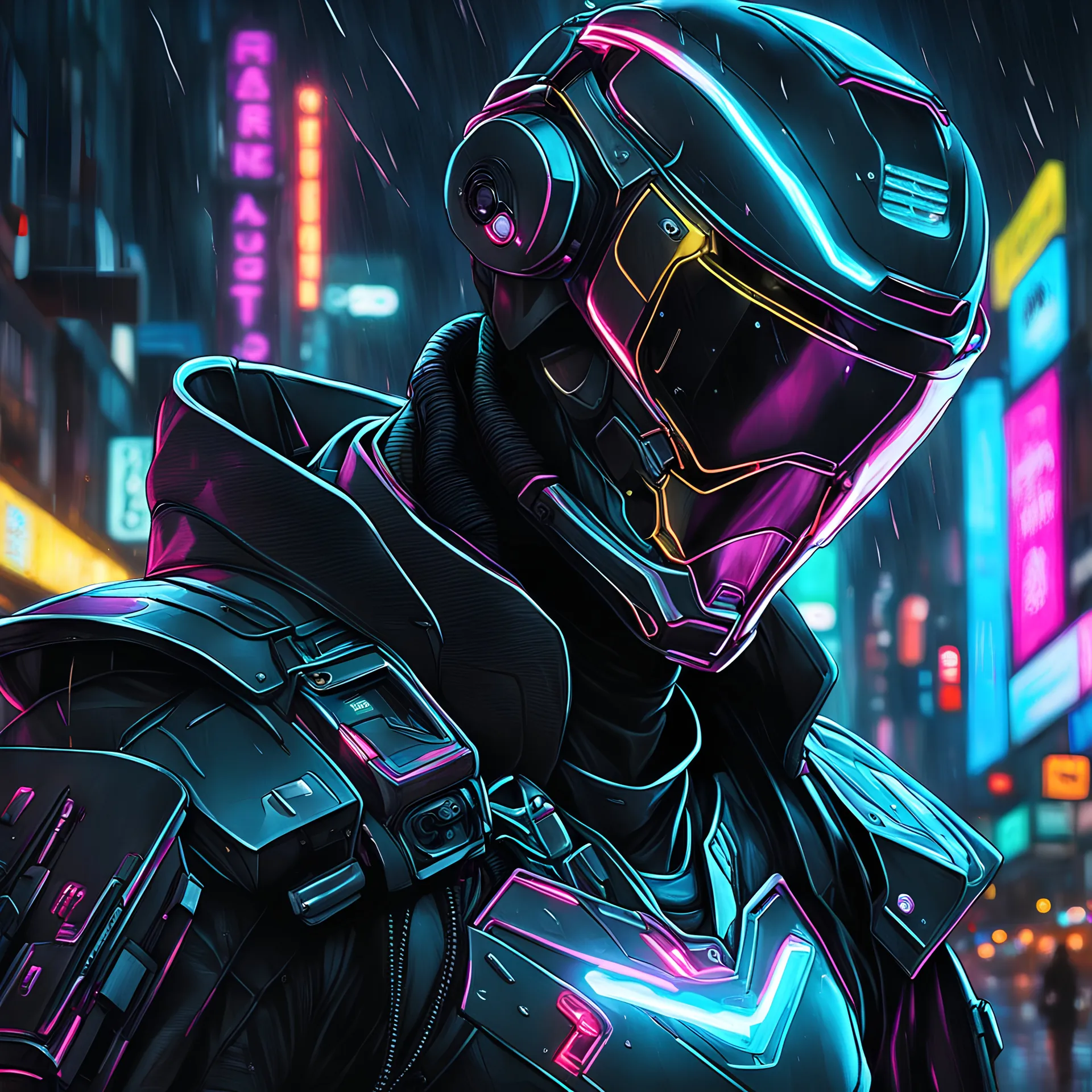 neon robot cop, masterpiece, best quality, half body, portrait, night city, hyper realistic 3D, Korea, pixar, realistic, robo cop, harajuku fashion style, rain coat, beautiful, colourful, neon lights, cyberpunk, illustration, by stanley artgerm lau, sideways glance, foreshortening, extremely detailed 8K, smooth, high resolution, ultra quality, highly details, glare, side view,