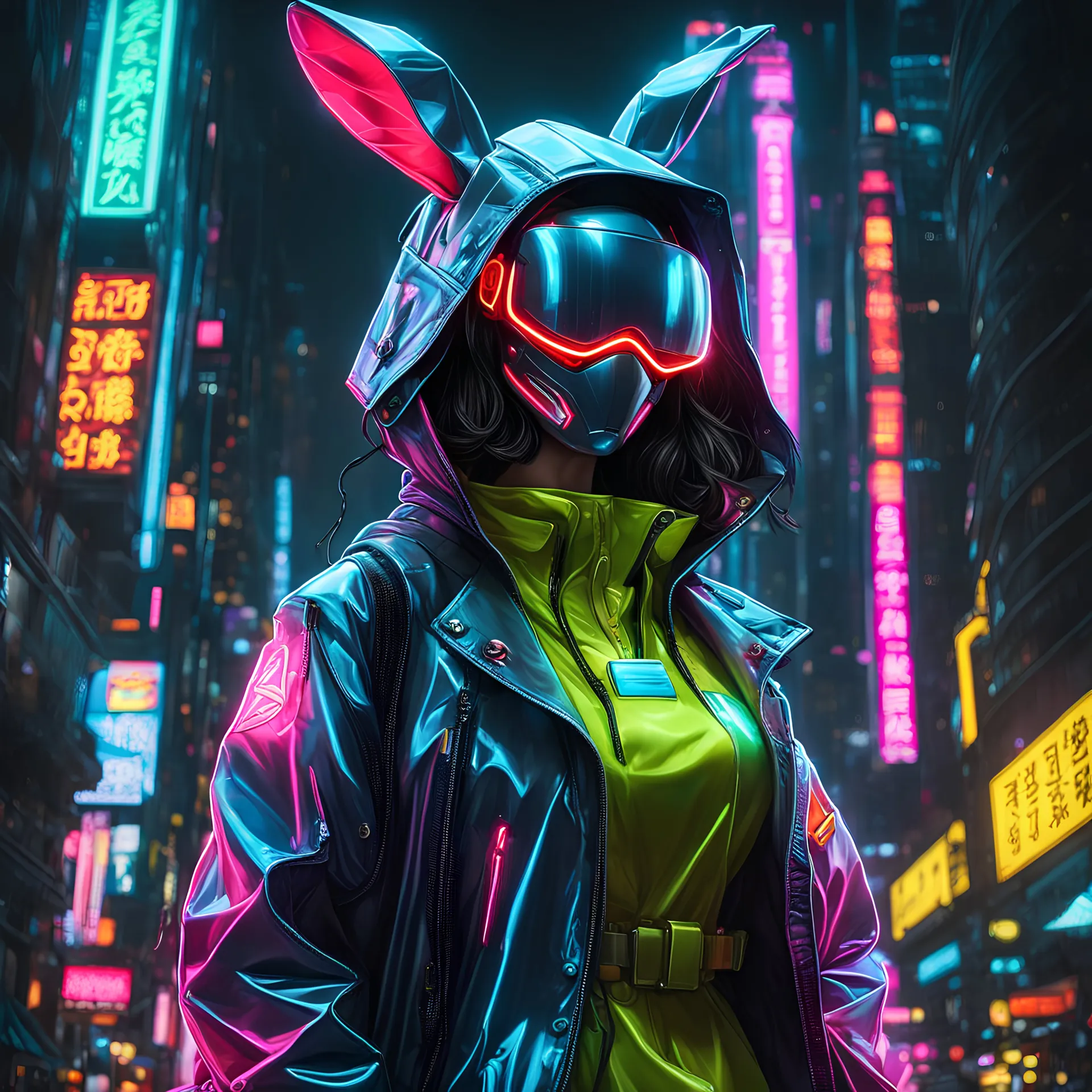 neon robotic bunny, fully masked, masterpiece, best quality, half body, portrait, night city, anime, 3D, Korean, pixar, realistic, robo cop, harajuku fashion style, rain coat, beautiful, colourful, neon lights, cyberpunk, illustration, by stanley artgerm lau, sideways glance, foreshortening, extremely detailed 8K, smooth, high resolution, ultra quality, highly details, glare, side view,