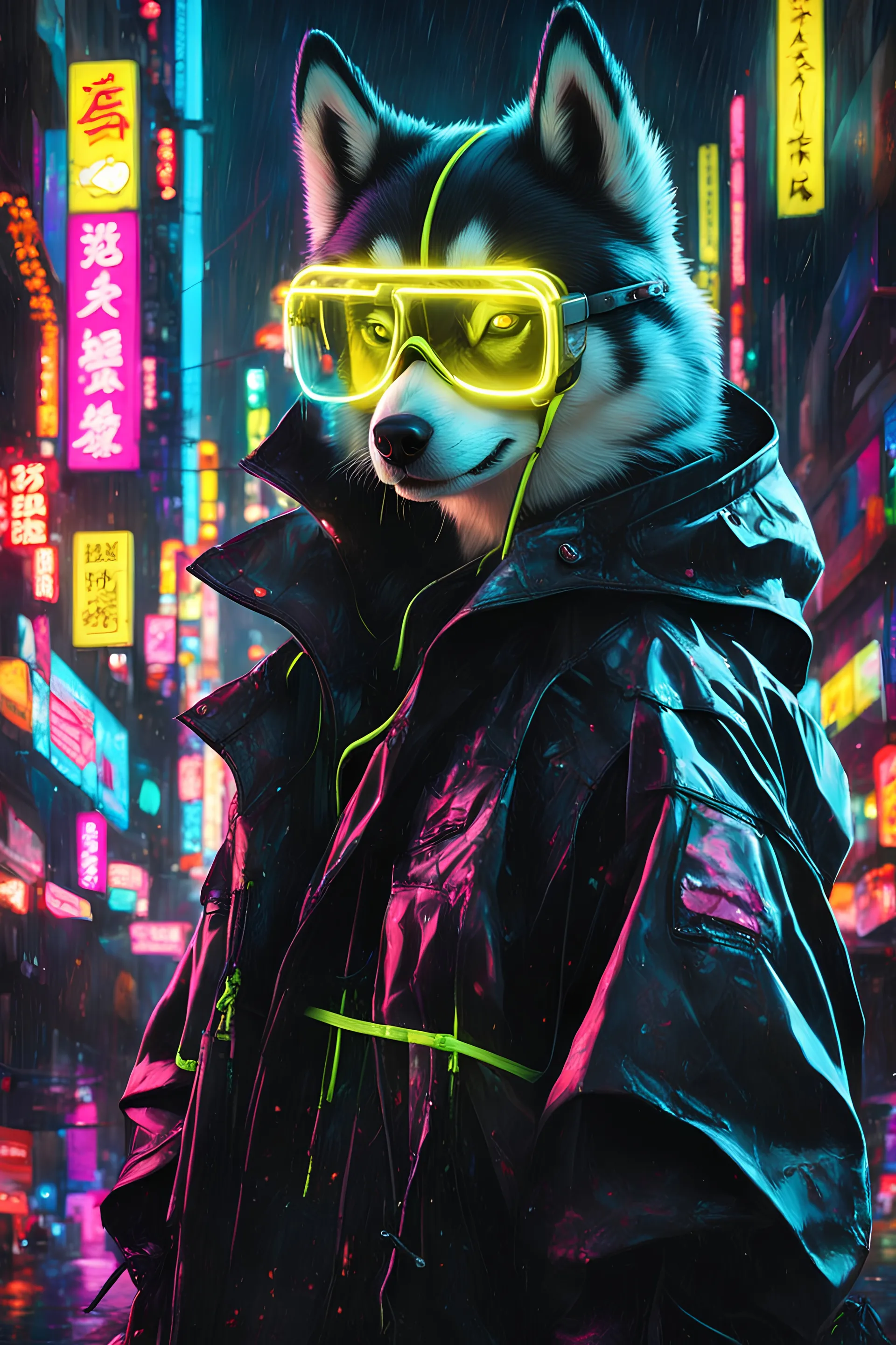 husky ,yellow neon glasses,masterpiece, best quality, portrait, night city, anime, 3D, Korea, pixar, realistic, robo samurai, harajuku fashion style, mask with neon lights,punk style rain coat, beautiful, colorful, neon lights, cyberpunk, illustration, by Stanley artgerm lau, sideways glance, foreshortening, extremely detailed 8K, smooth, high resolution, ultra quality, highly details, glare, side view,