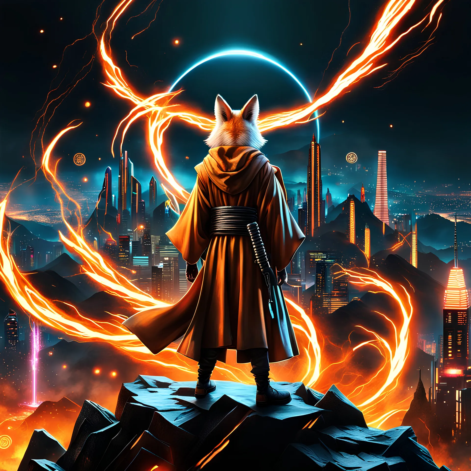 kitsune jedi on a mountain looking over a burning cyber punk cryptocurrency city, hyper realistic, best quality, high quality, 8k