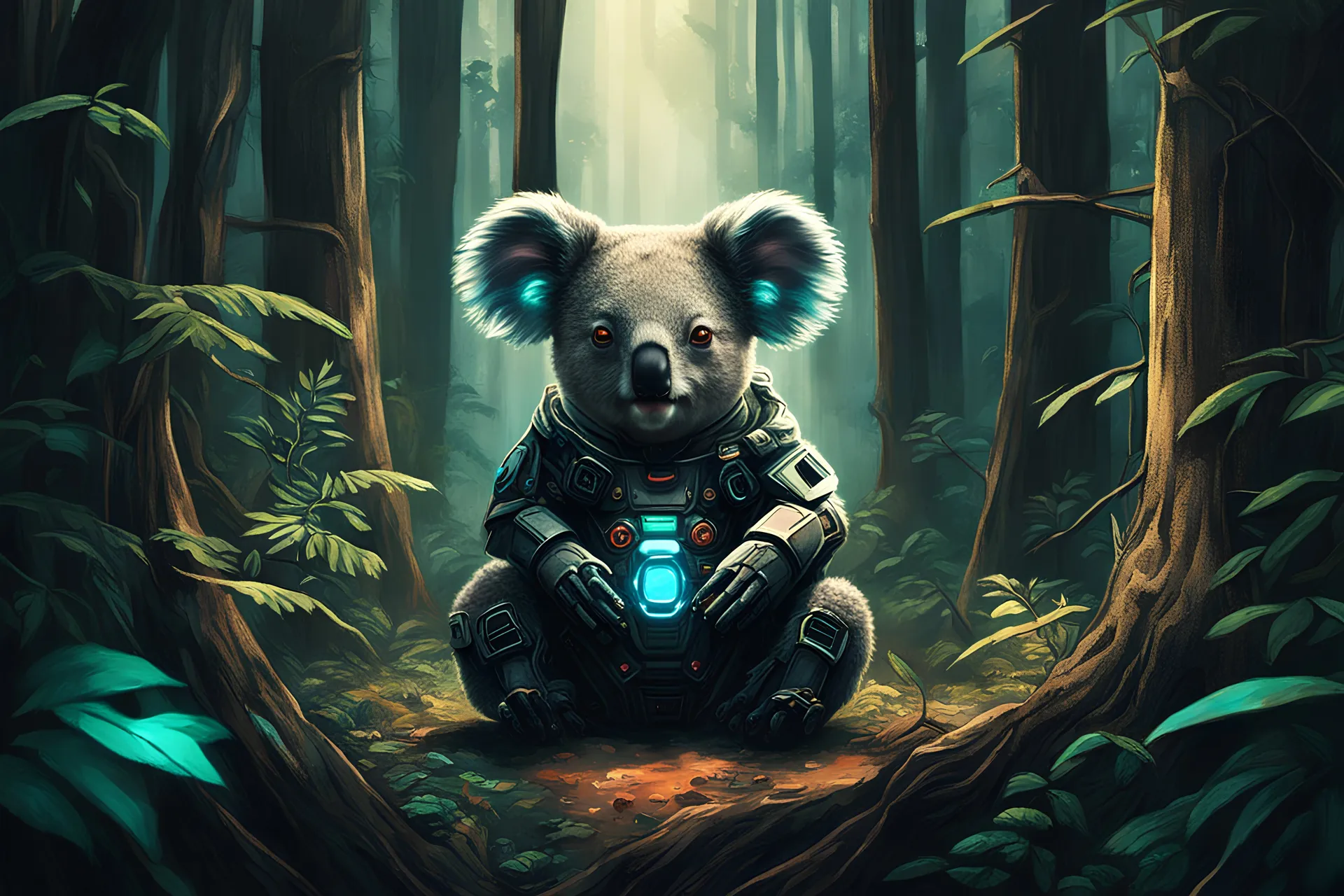 cyberpunk koala in forest