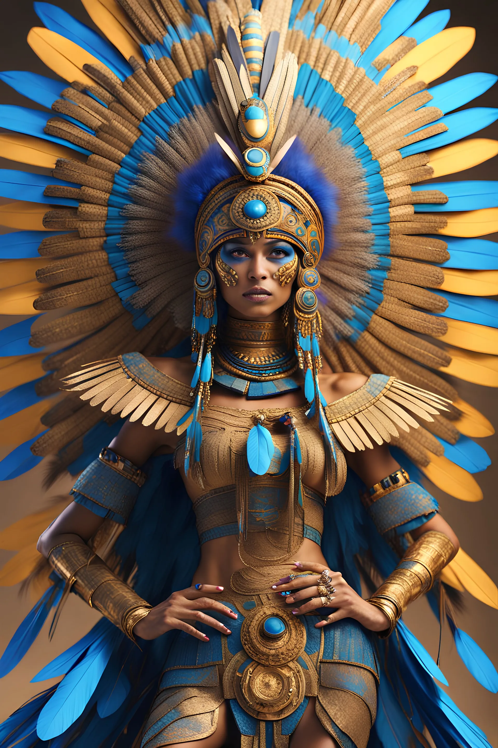 A tan skin aztec female all blue and gold elaborate outfit, with huge headpiece center piece,blue/gold makeup with oversized headdress with long bird feathers, with depth of field, fantastical edgy and regal themed outfit, captured in vivid colors, embodying the essence of fantasy, minimalist