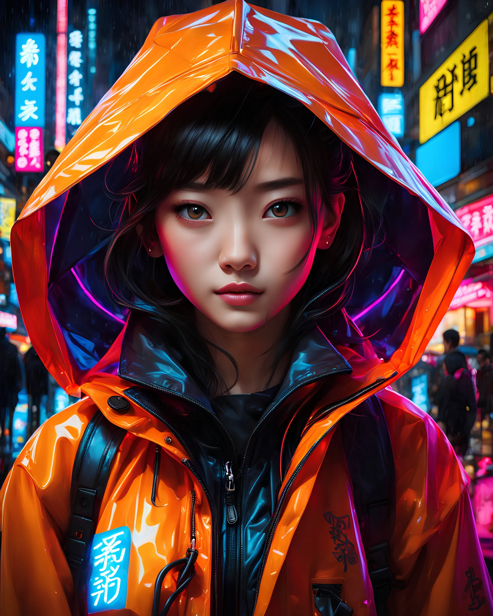 neon Chinese teen, masterpiece, best quality, half body, portrait, night city, 1girl, anime, 3D, Japan, pixar, realistic, teen girl, smiling, cute face, harajuku fashion style, rain coat, beautiful, colourful, neon lights, cyberpunk, smooth skin, illustration, by stanley artgerm lau, sideways glance, foreshortening, extremely detailed 8K, smooth, high resolution, ultra quality, highly detail eyes, highly detail mouth, highly detailed face, perfect eyes, both eyes are the same, glare, Iridescent