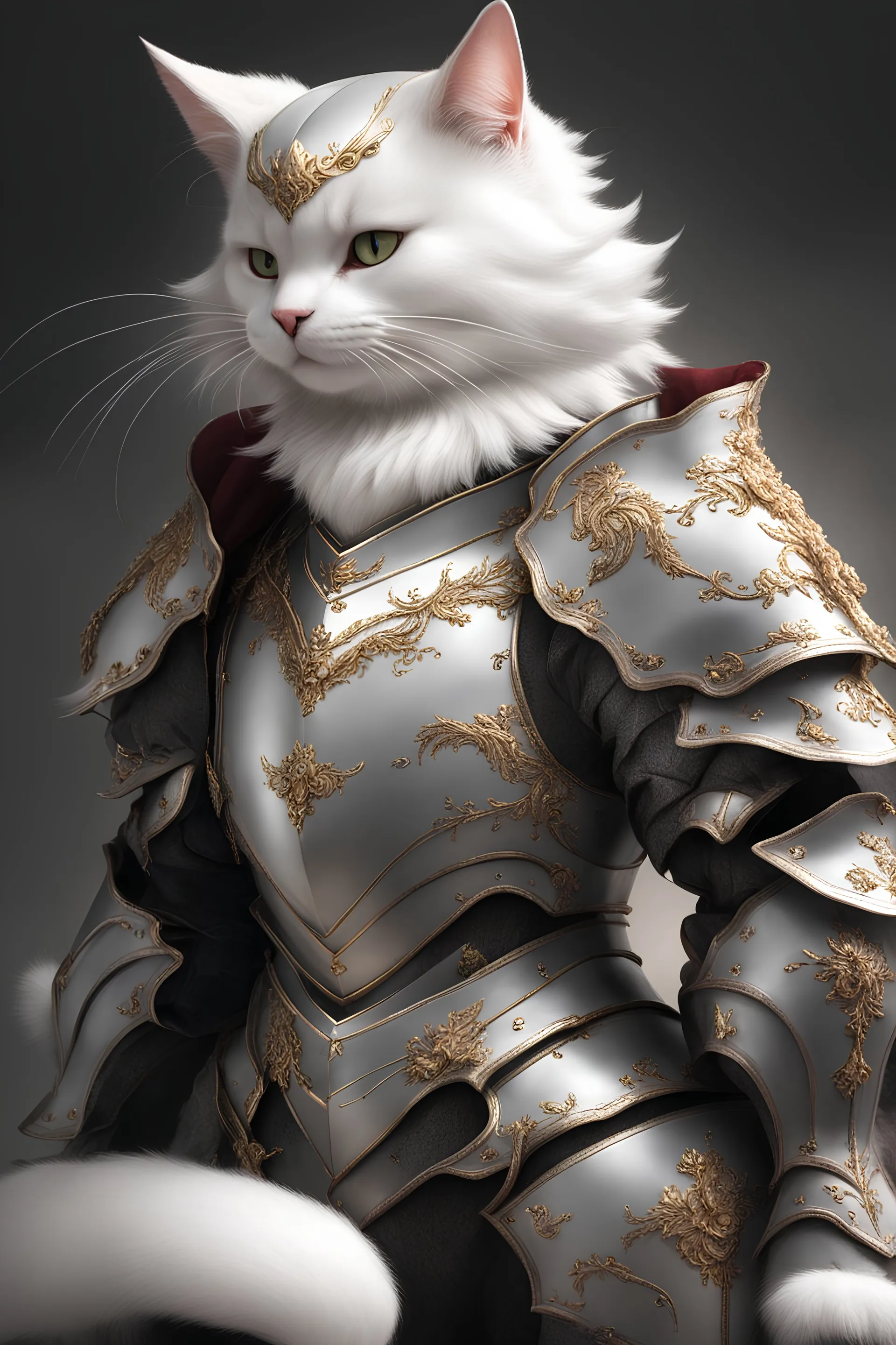 ensuring that its identity as a cat is immediately apparent. The armor it does wear is lavish and majestic, crafted from the finest gold that radiates an opulent sheen, emphasizing the luxurious texture and noble character of the attire.The depiction of the cat itself is detailed, with each strand of fur finely rendered to capture the sleekness and subtle variances in its coat. Its eyes are particularly striking, with the right one reflecting a typical feline’s piercing gaze, while the left eye