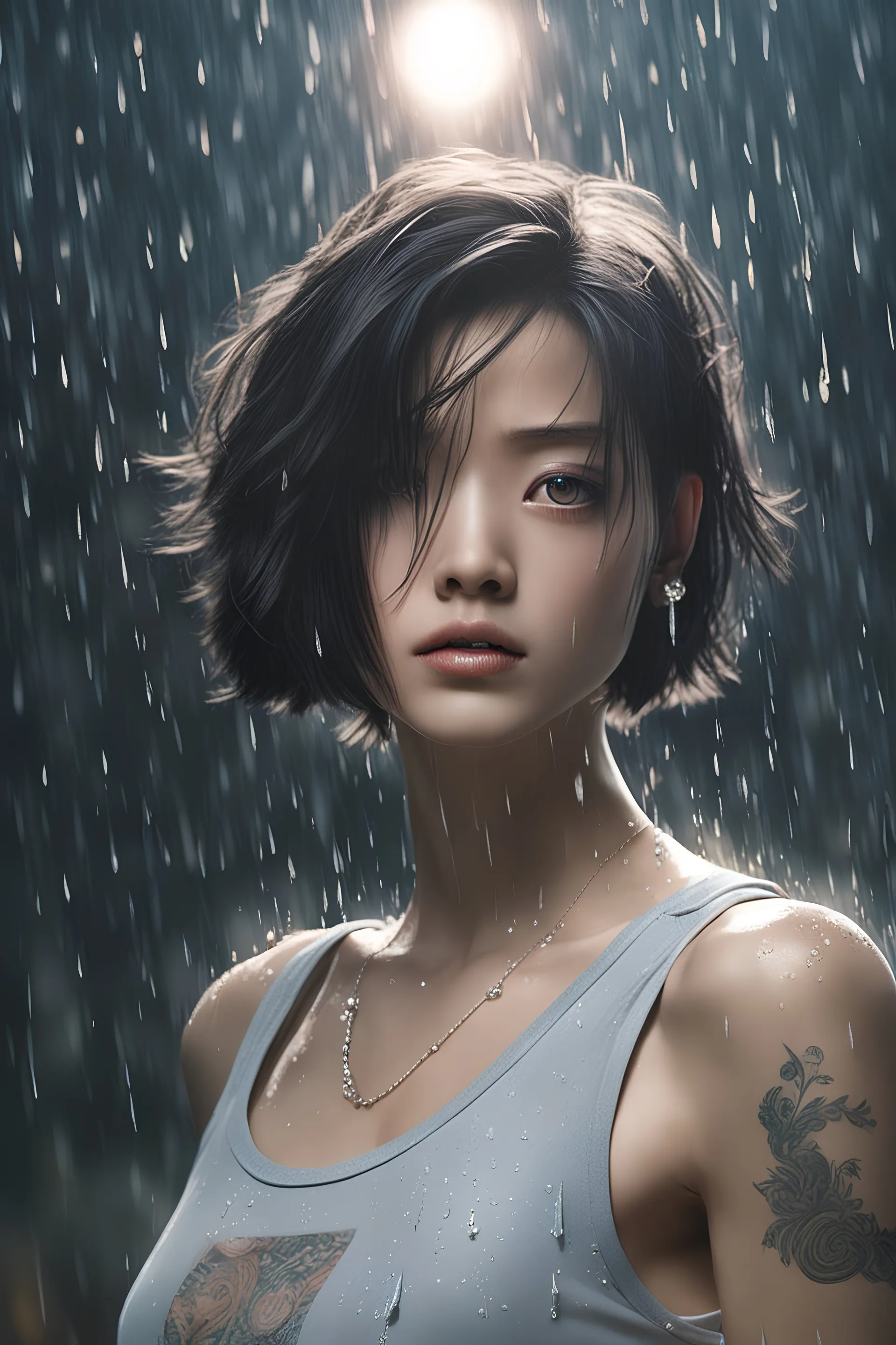 Masterpiece, 18 years old beautiful ginna camaro, asian, short hair, tattoo on chest, tank top, pearl eyes, extremely delicate facial depiction, heavy rain, slight body movements, medium shot, exaggerated perspective, poster, fashion, dramatic lighting, strong tones, distortion style, 32k UHD