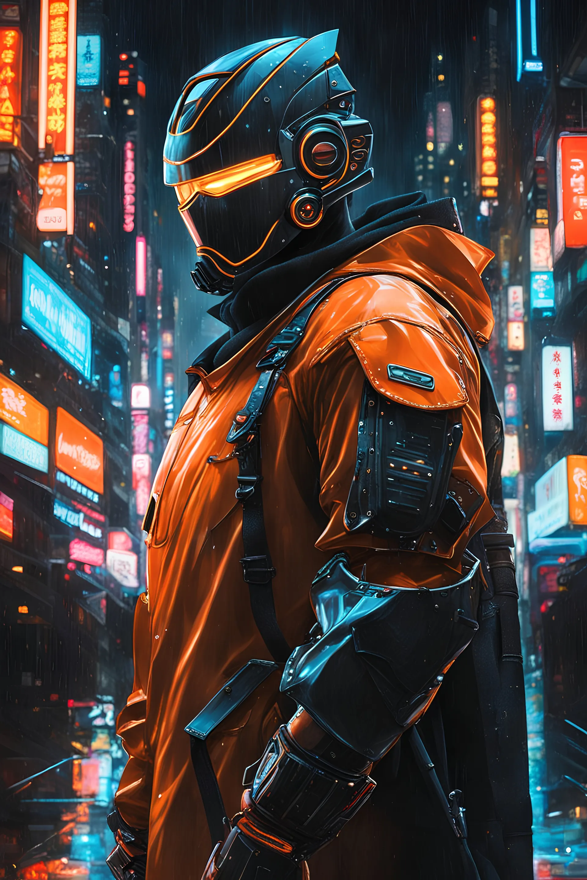 hockey mask, neon orange, robot, masterpiece, best quality, half body, portrait, night city, anime, 3D, Korea, pixar, realistic, robo cop, harajuku fashion style, rain coat, beautiful, colourful, neon lights, cyberpunk, illustration, by stanley artgerm lau, sideways glance, foreshortening, extremely detailed 8K, smooth, high resolution, ultra quality, highly details, glare, side view,