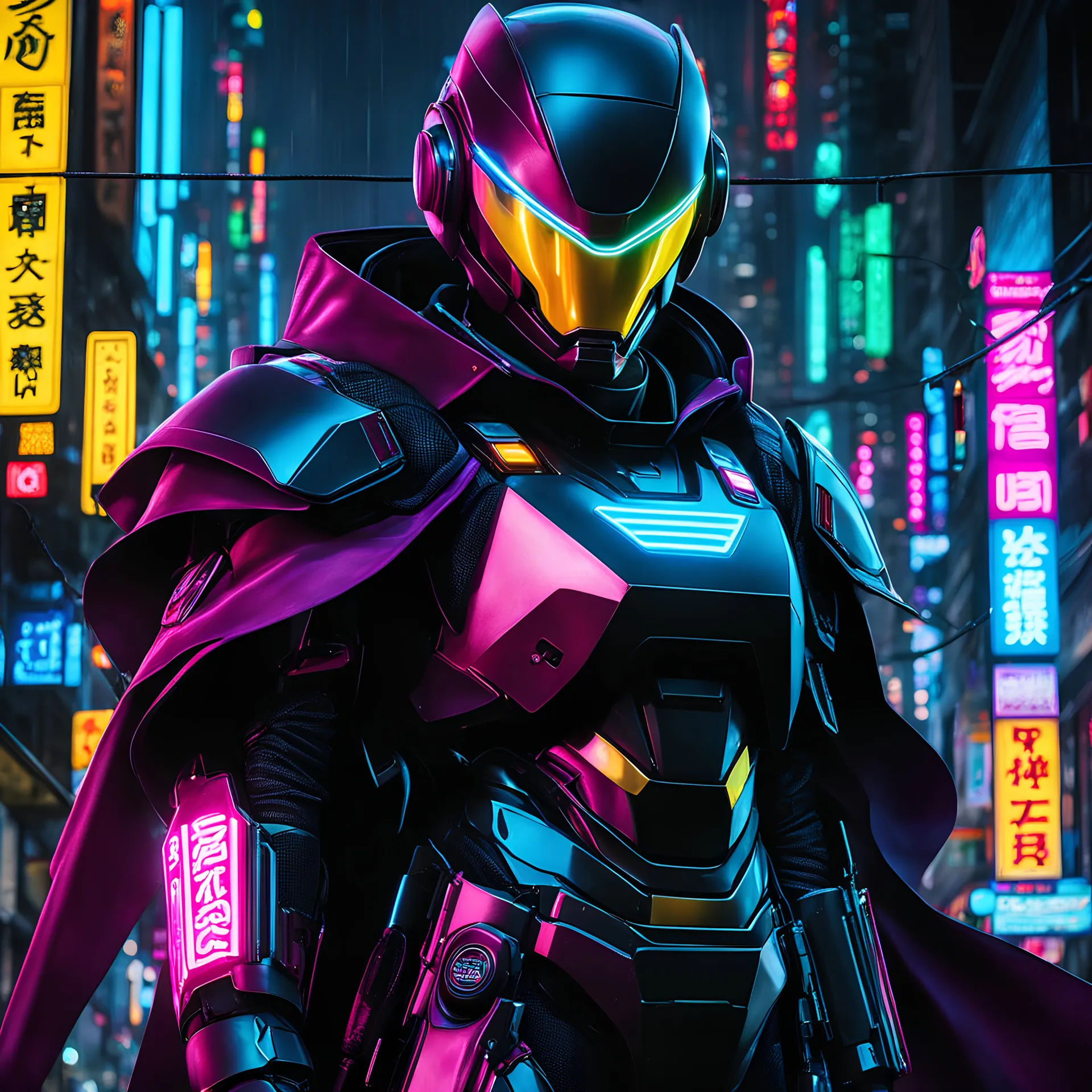 neon robot cop, IO Corp, io net, masterpiece, best quality, half body, portrait, night city, anime, 3D, Korea, pixar, realistic, robo cop, harajuku fashion style, rain coat, beautiful, colourful, neon lights, cyberpunk, illustration, by stanley artgerm lau, sideways glance, foreshortening, extremely detailed 8K, smooth, high resolution, ultra quality, highly details, glare, side view, the shield has IO two letters on it