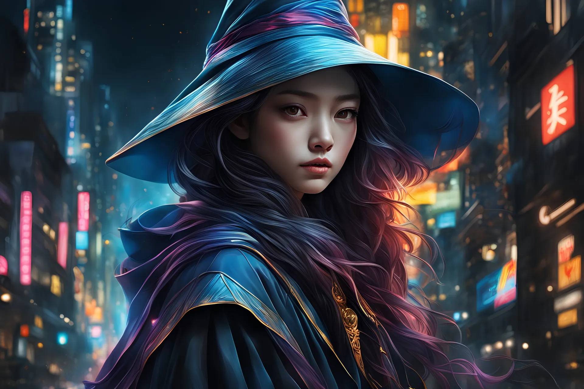 A wizard , masterpiece, best quality, half body, portrait, night city, realistic, harajuku fashion style, beautiful, colourful, illustration, by stanley artgerm lau, sideways glance, foreshortening, extremely detailed 8K, smooth, high resolution, ultra quality, highly details, glare, side view.